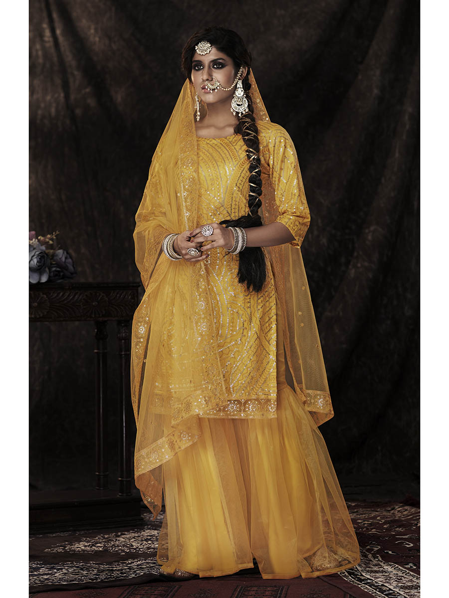 Myra Mustard Net Embroidered Sharara Suit 