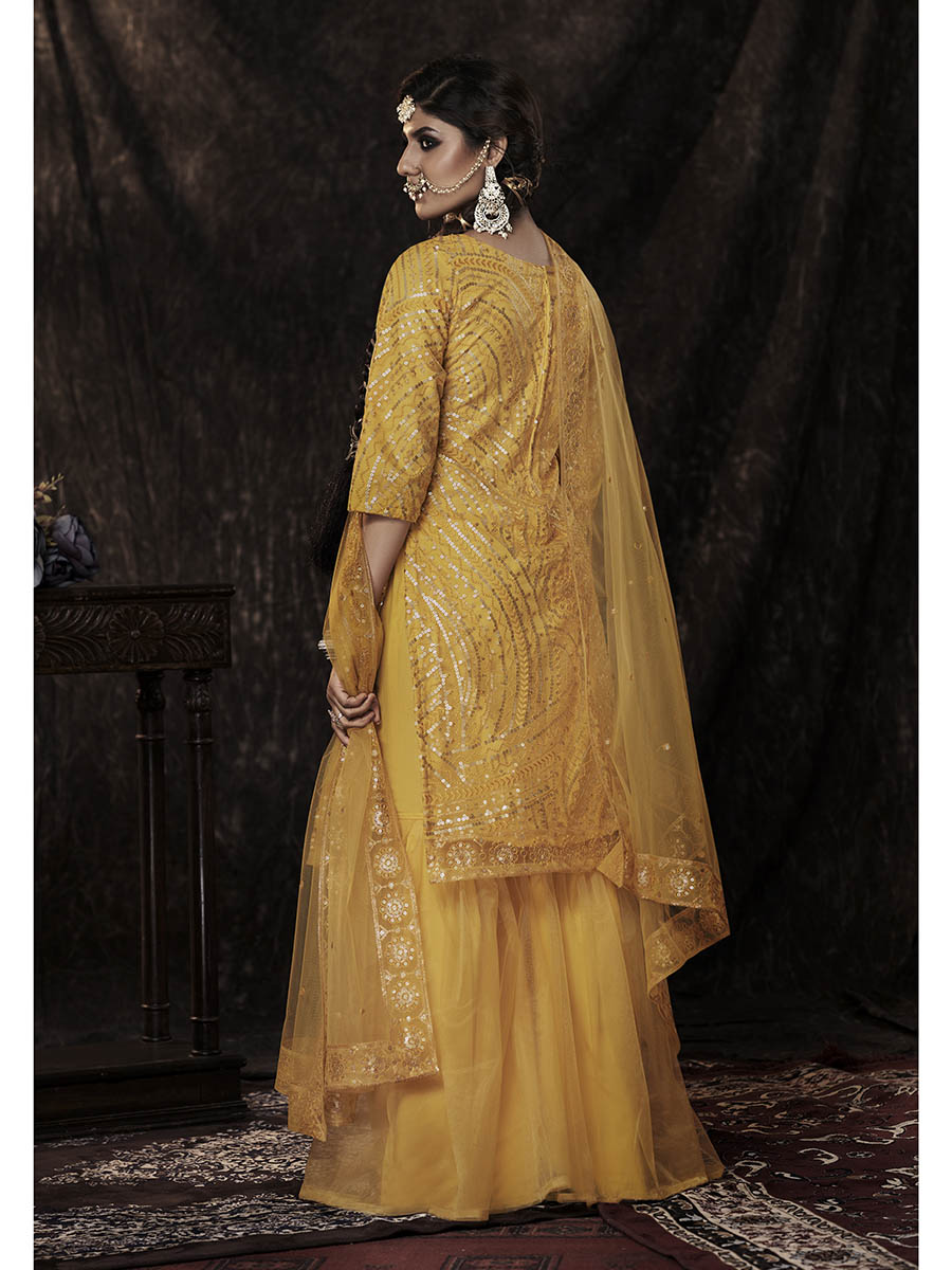 Myra Mustard Net Embroidered Sharara Suit 