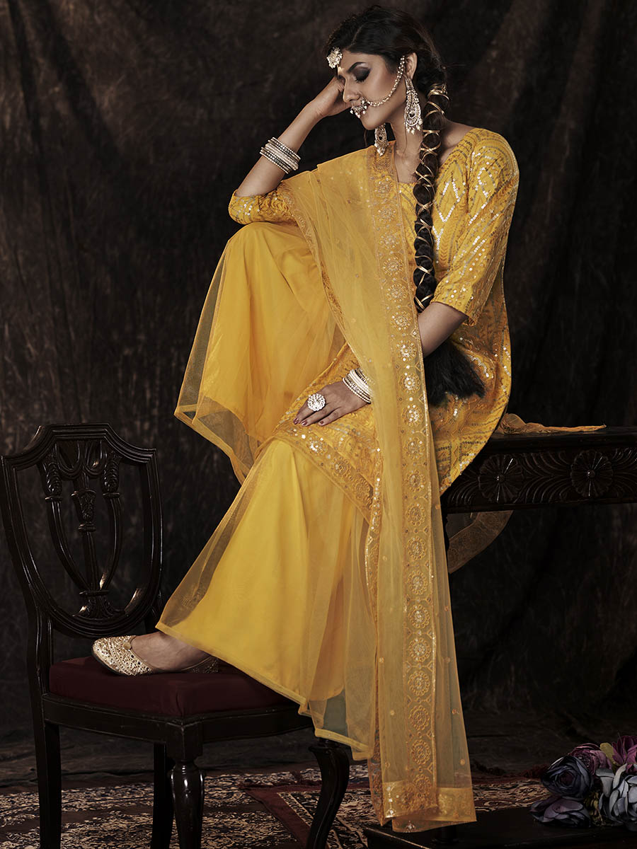 Myra Mustard Net Embroidered Sharara Suit 