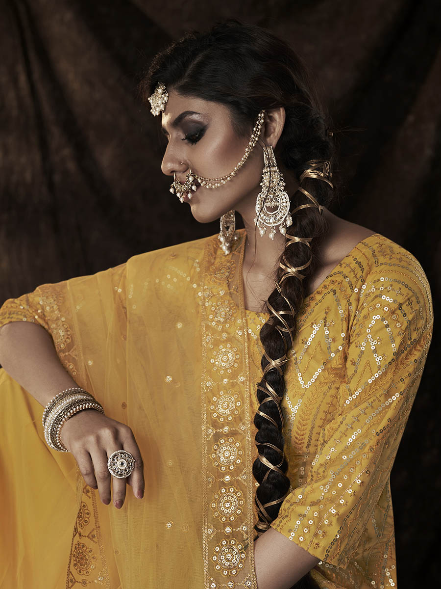 Myra Mustard Net Embroidered Sharara Suit 