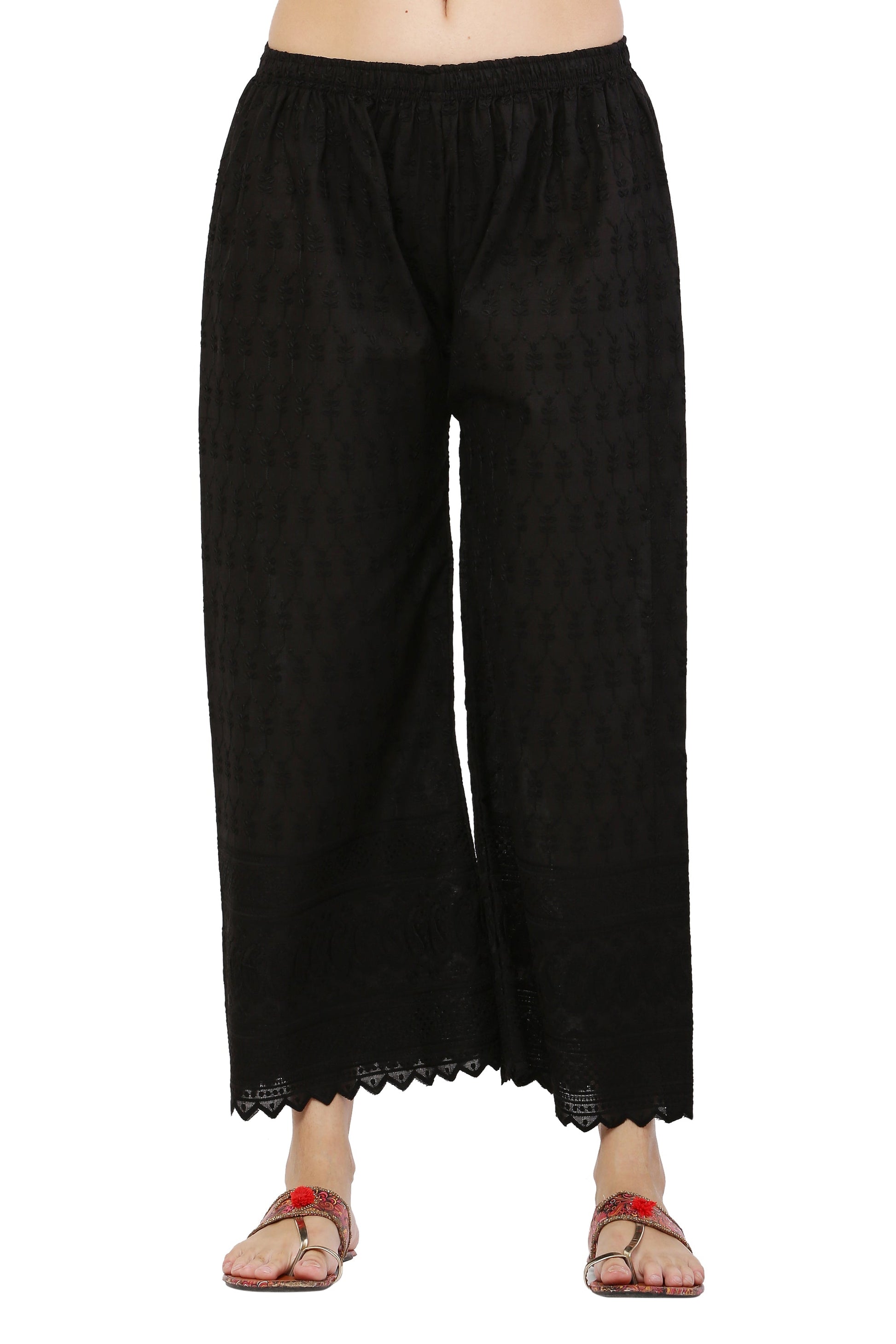 PAVONINE Black Color Half Schiffli Chikankari Cotton Fabric Palazzo For Women