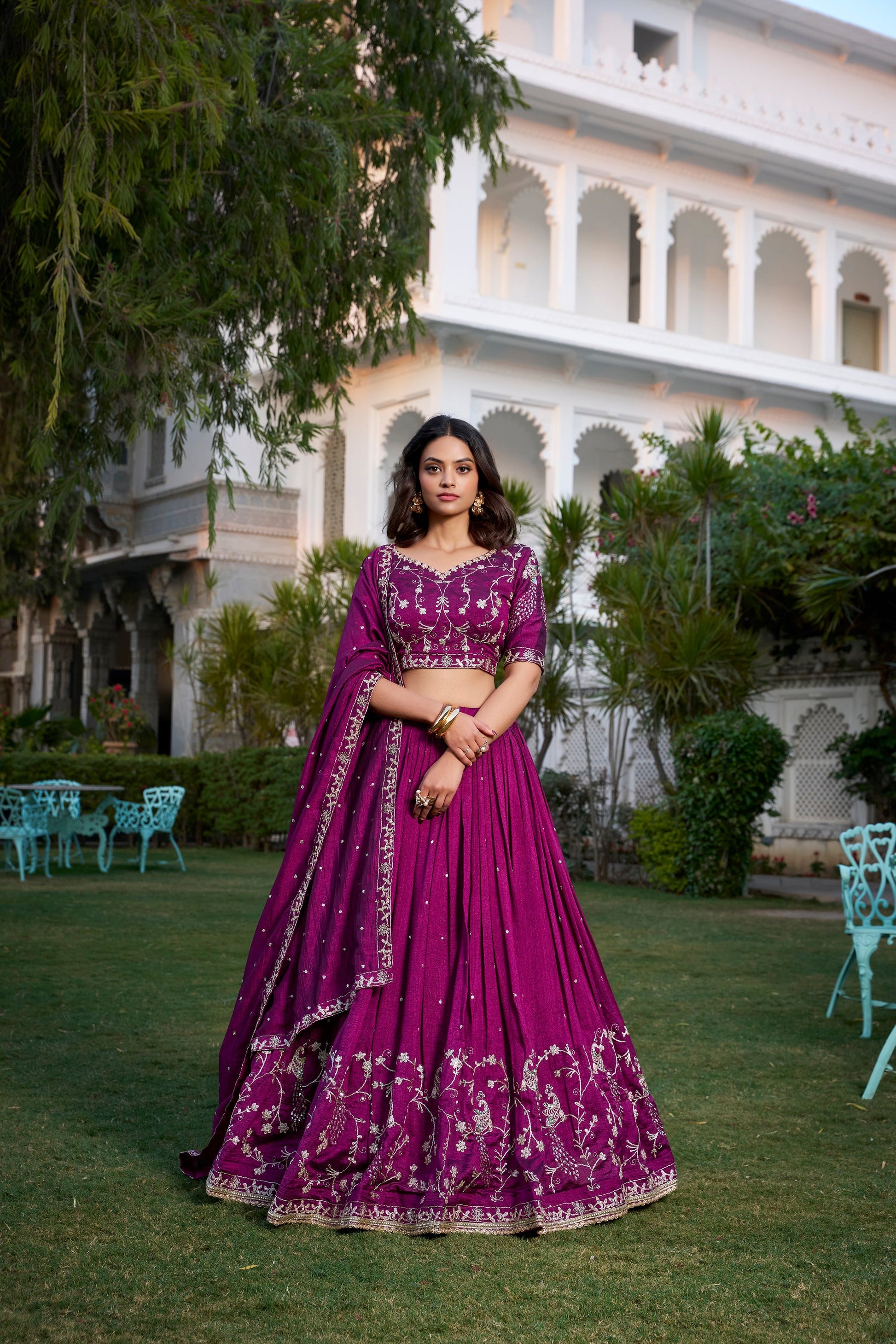 Lorenvalley Purple Vichitra Silk Sequins and Thread Embroidery Work With Lace Border Lehenga Choli 