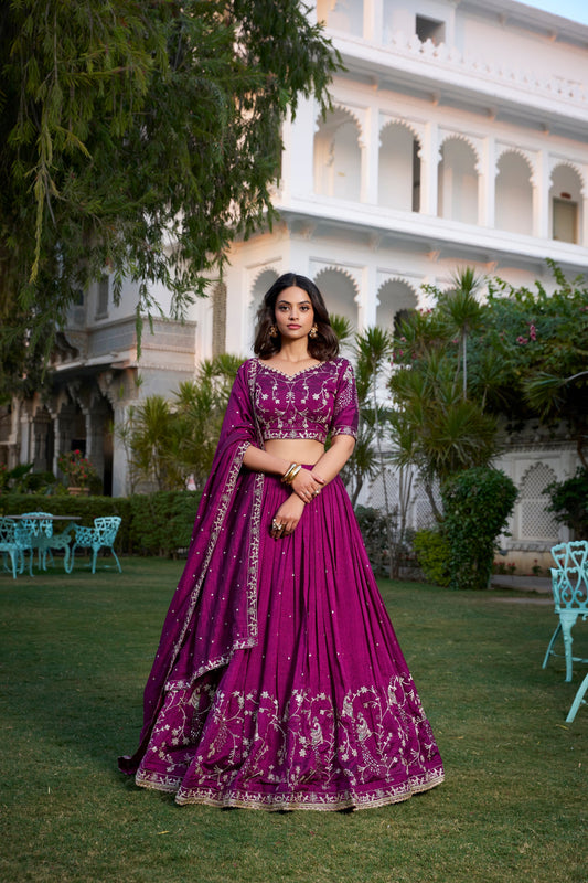 Lorenvalley Purple Vichitra Silk Sequins and Thread Embroidery Work With Lace Border Lehenga Choli 