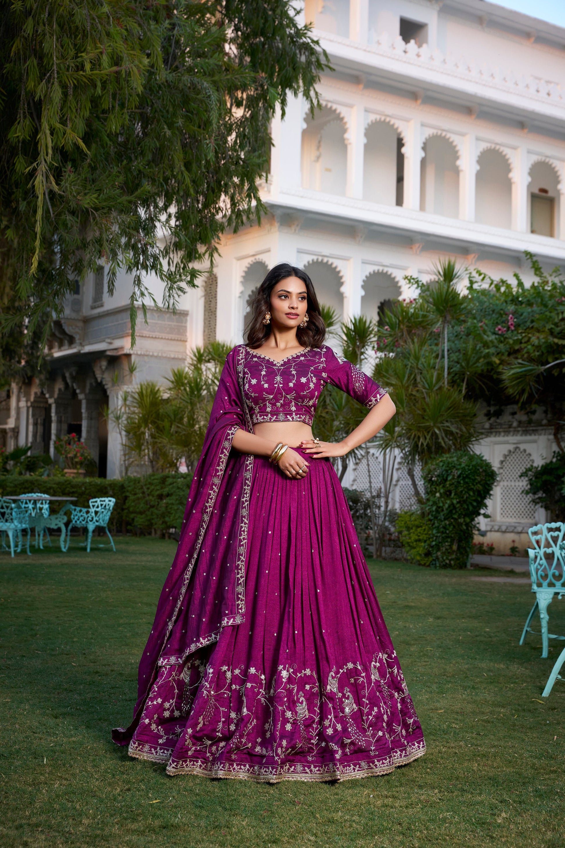 Lorenvalley Purple Vichitra Silk Sequins and Thread Embroidery Work With Lace Border Lehenga Choli 