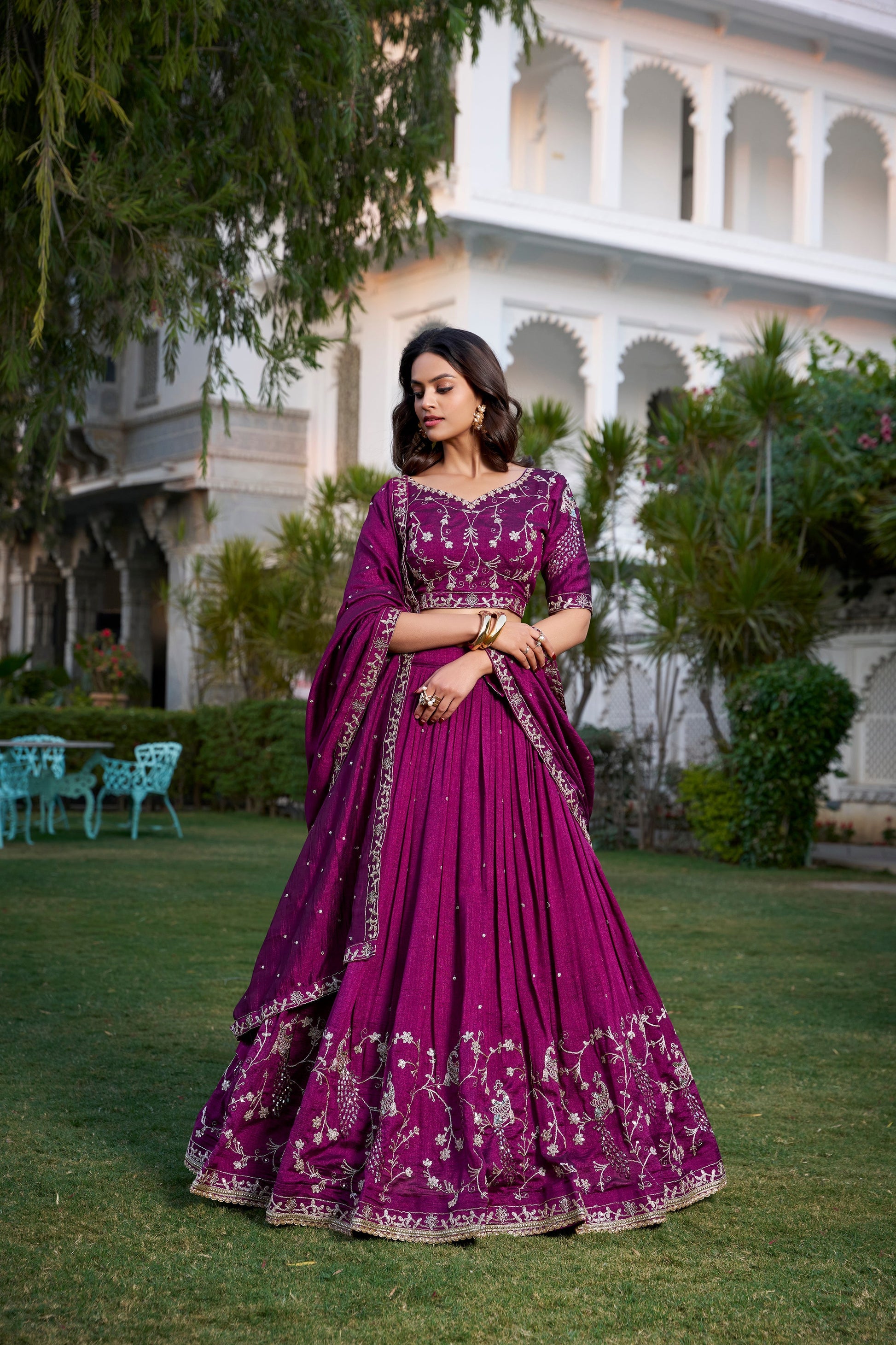 Lorenvalley Purple Vichitra Silk Sequins and Thread Embroidery Work With Lace Border Lehenga Choli 