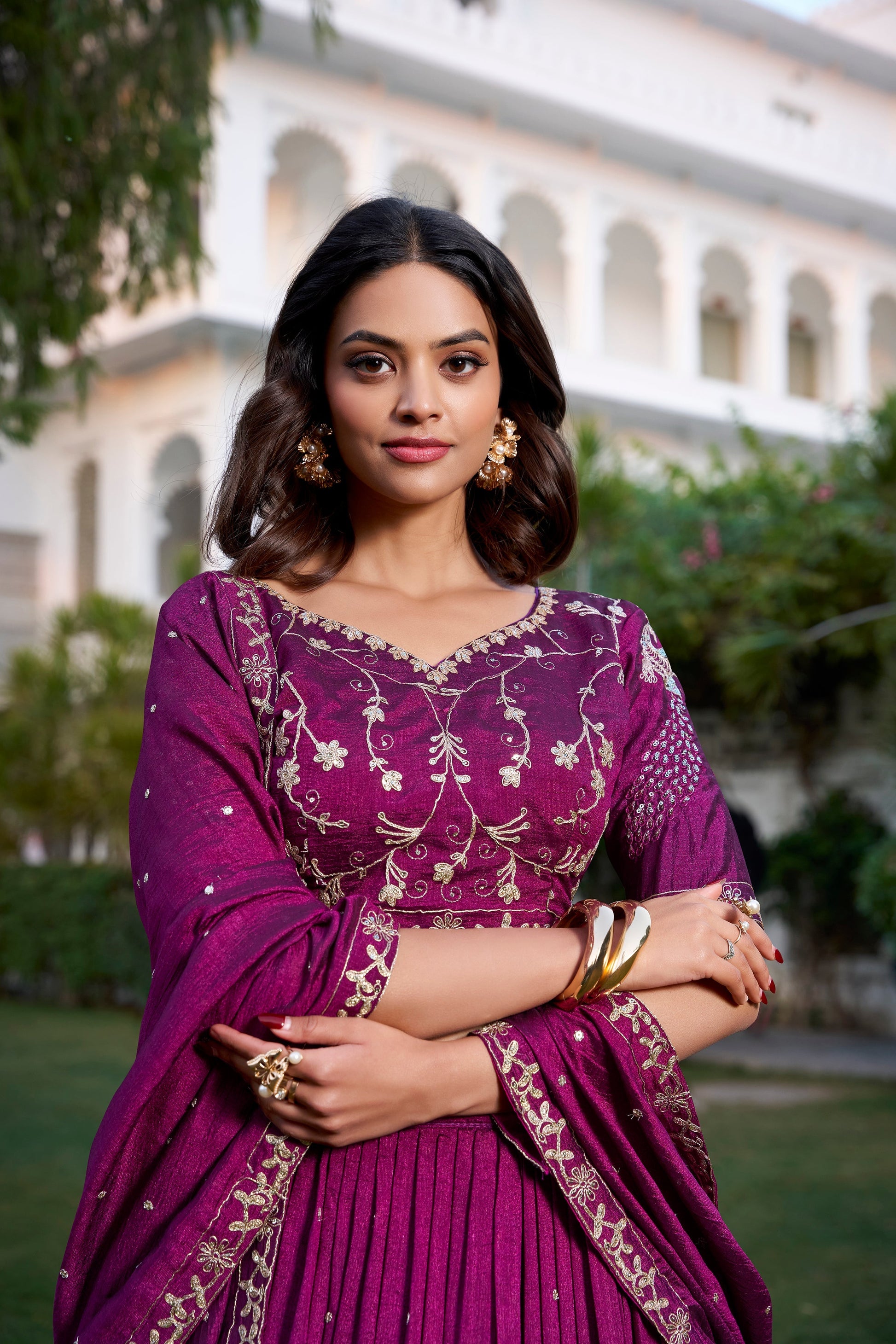 Lorenvalley Purple Vichitra Silk Sequins and Thread Embroidery Work With Lace Border Lehenga Choli 