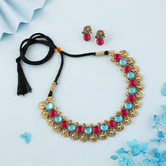 Tehzeeb Creations Sky Blue & Pink Colour Gold-Polished Stone Jewellery Choker Necklace Set With Matching Pair of Stud Earrings