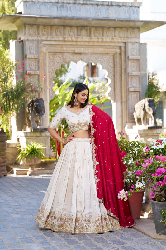 Lorenvalley OffWhite Vichitra Silk Sequins and Thread Embroidery Work Lehenga Choli 