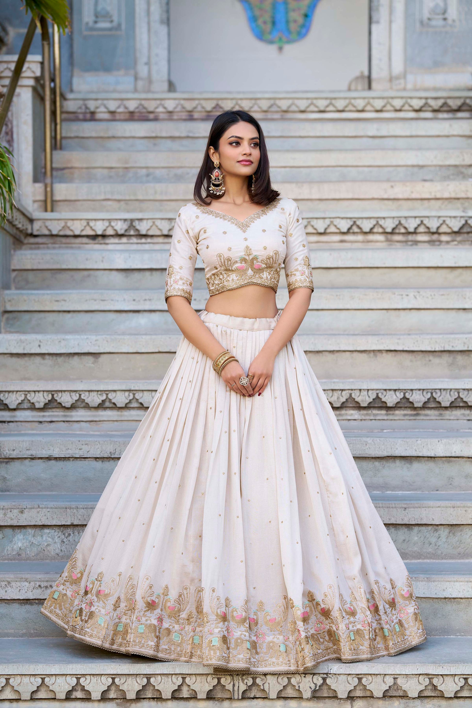 Lorenvalley OffWhite Vichitra Silk Sequins and Thread Embroidery Work Lehenga Choli 