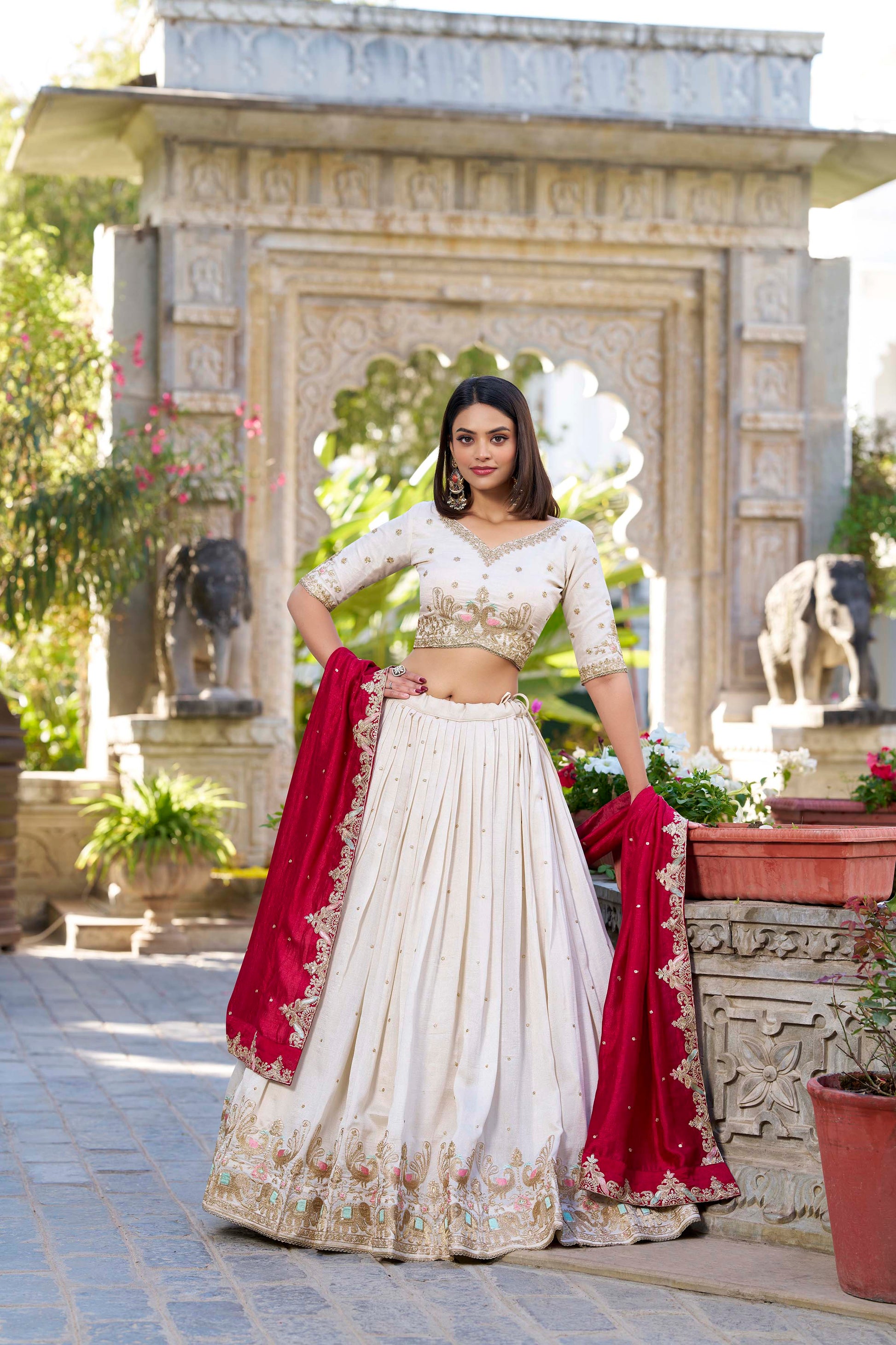 Lorenvalley OffWhite Vichitra Silk Sequins and Thread Embroidery Work Lehenga Choli 
