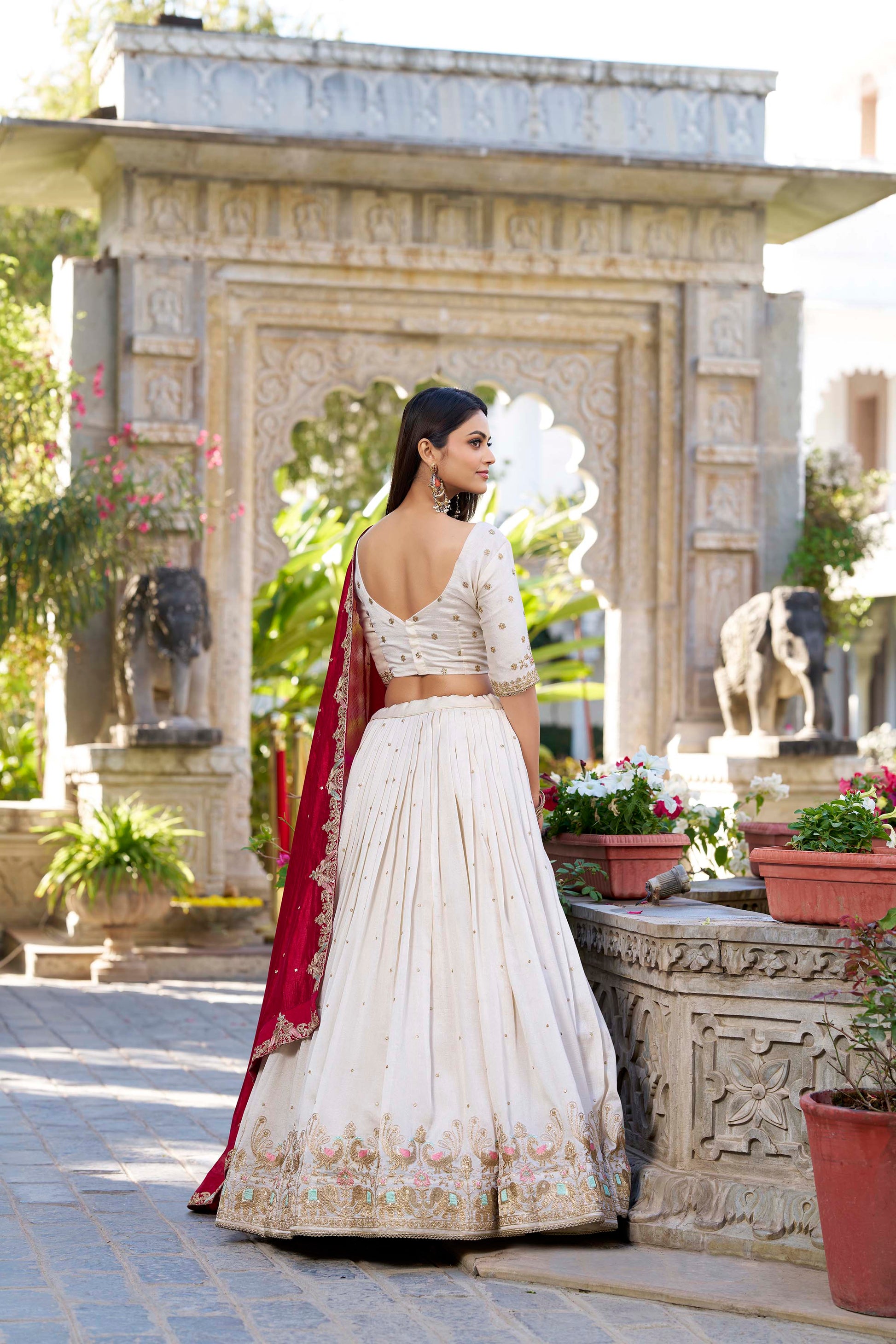 Lorenvalley OffWhite Vichitra Silk Sequins and Thread Embroidery Work Lehenga Choli 