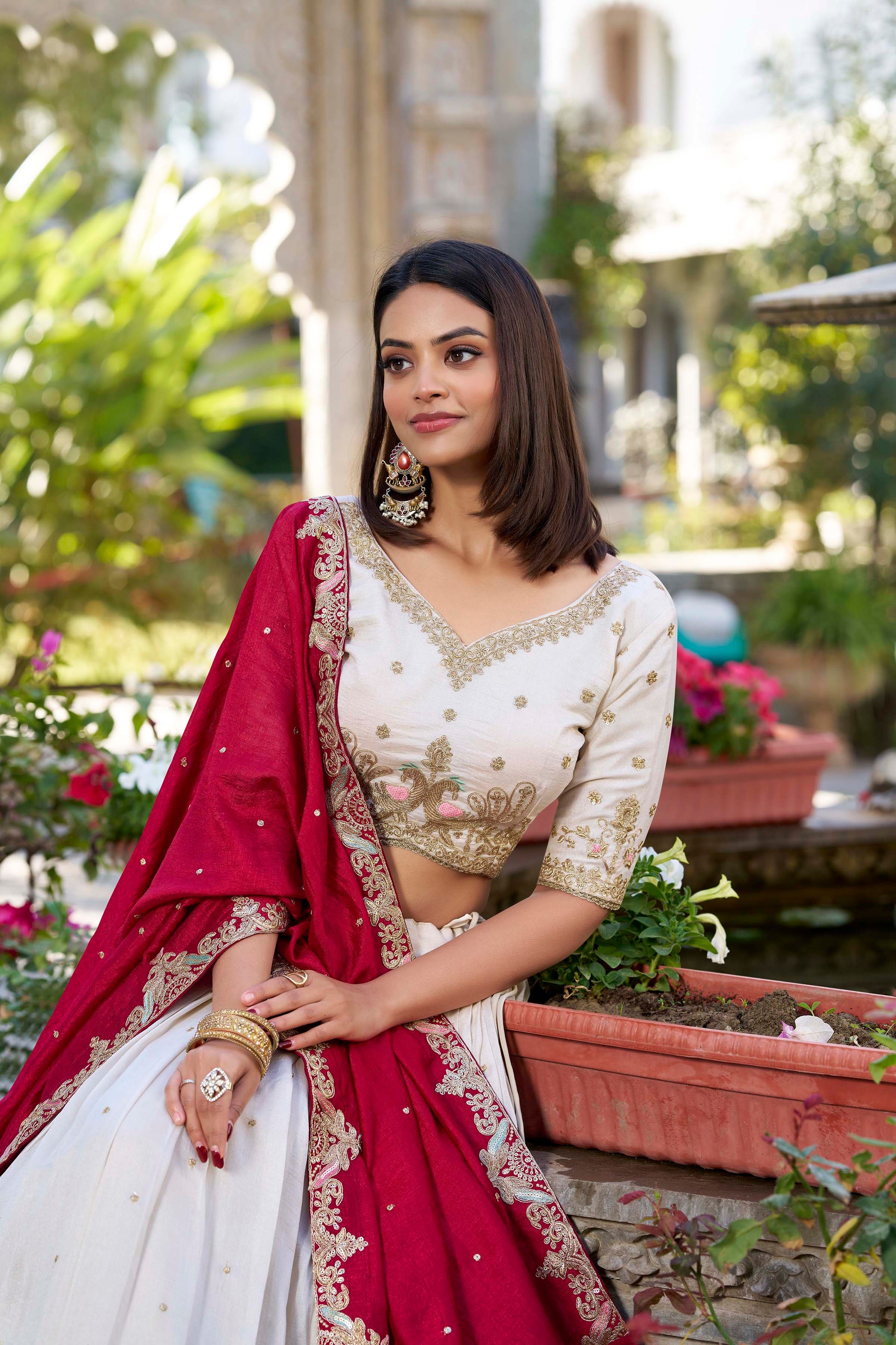 Lorenvalley OffWhite Vichitra Silk Sequins and Thread Embroidery Work Lehenga Choli 