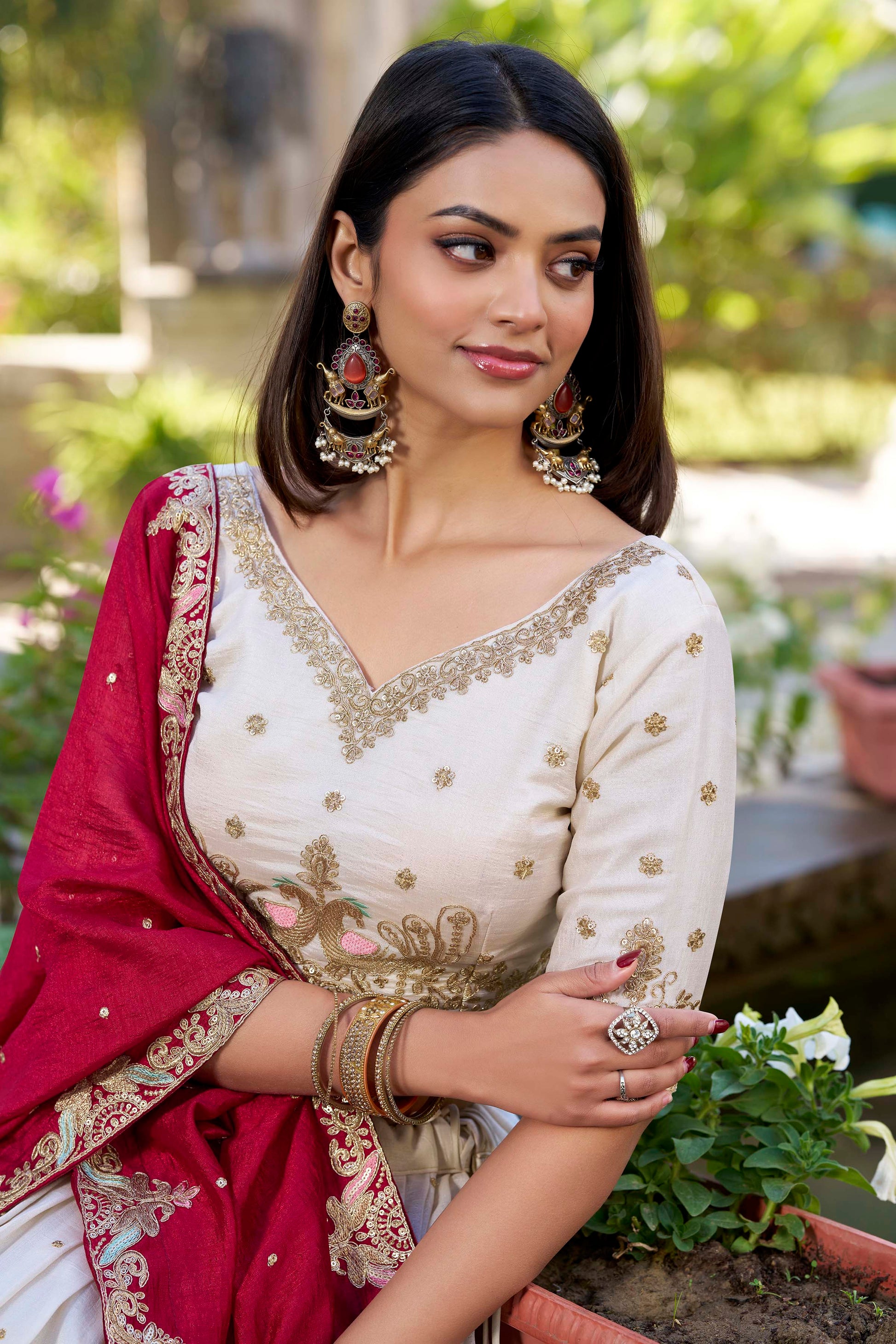 Lorenvalley OffWhite Vichitra Silk Sequins and Thread Embroidery Work Lehenga Choli 