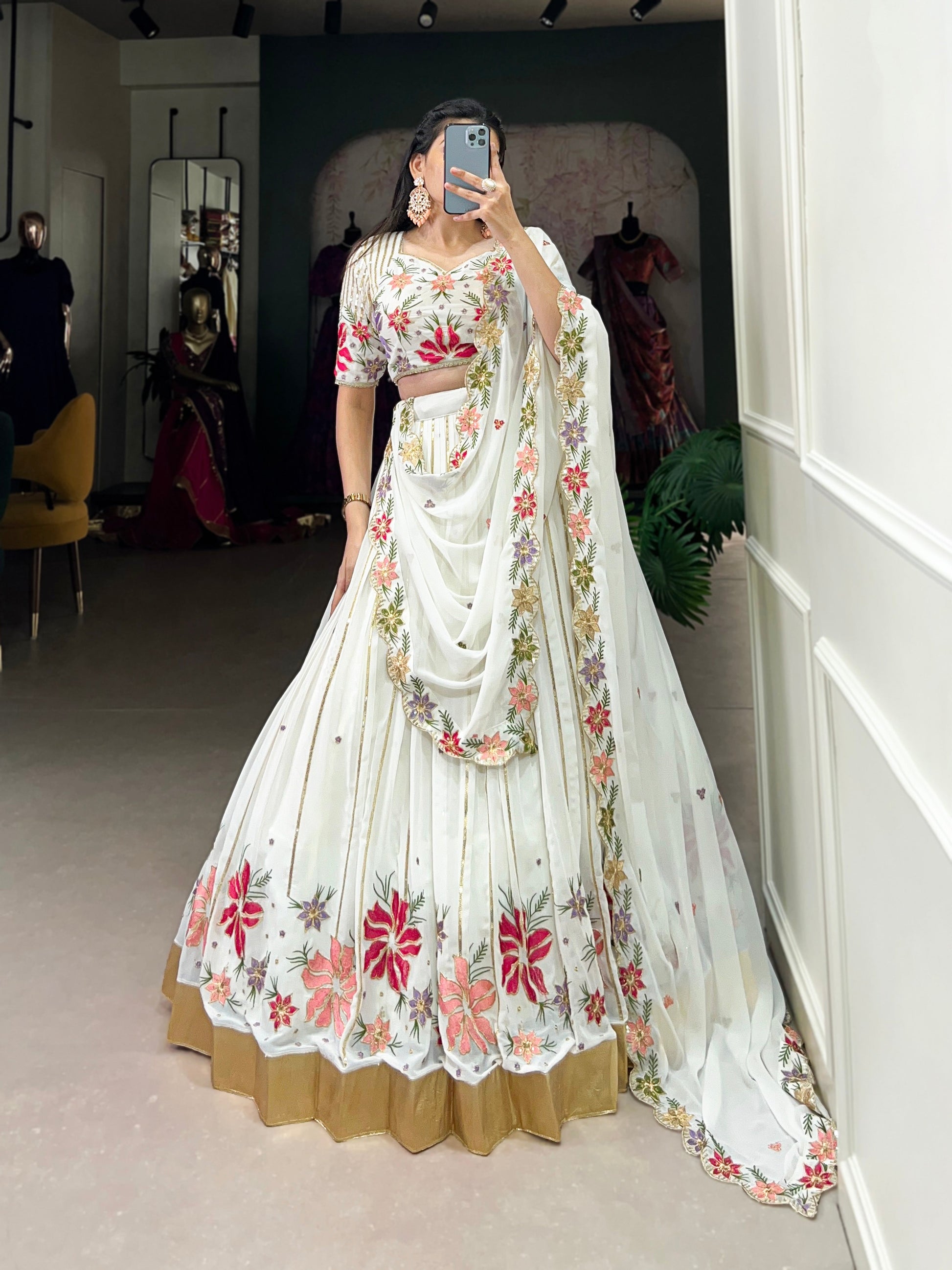 Lorenvalley White Georgette Sequins and Thread Embroidery Work with Embossed Design Lace Lehenga Choli 