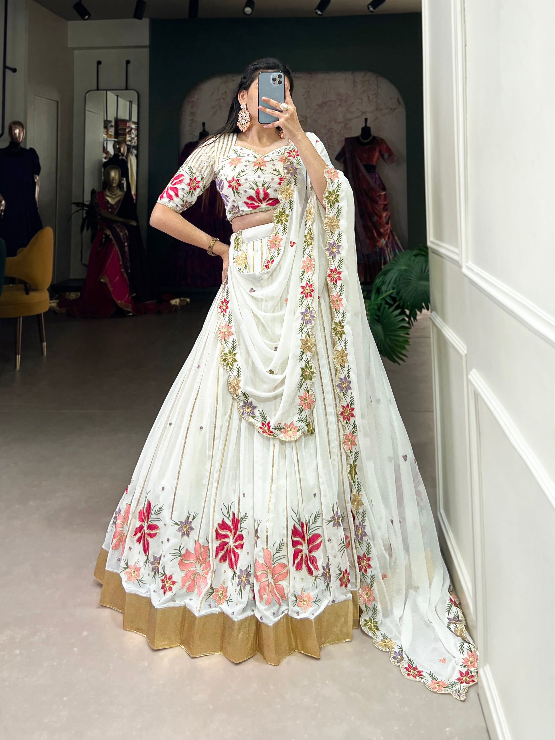 Lorenvalley White Georgette Sequins and Thread Embroidery Work with Embossed Design Lace Lehenga Choli 