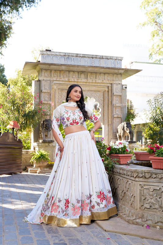 Lorenvalley Georgette Sequins and Thread Embroidery Work With Embossed Design Lace Lehenga Choli 