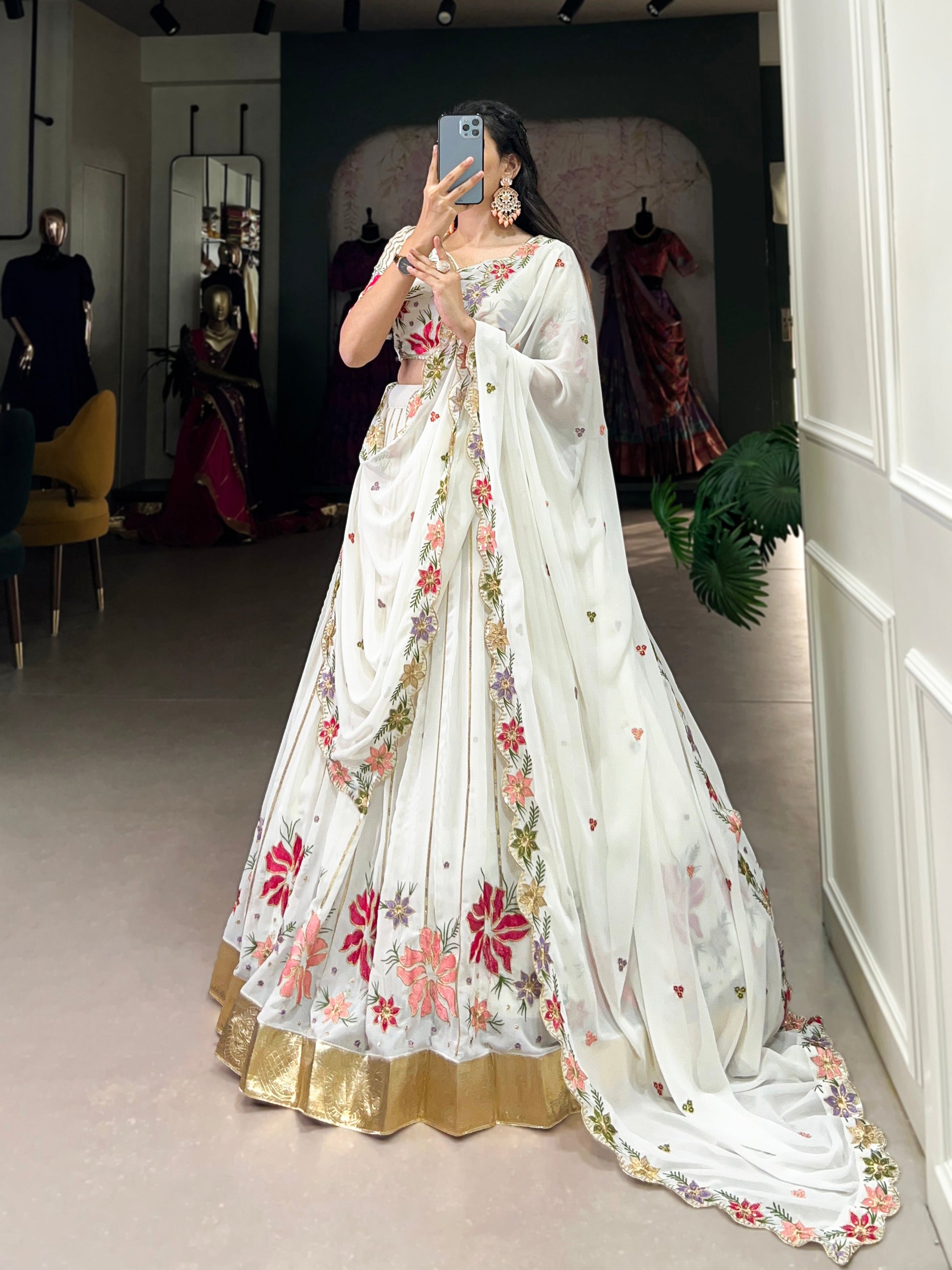 Lorenvalley White Georgette Sequins and Thread Embroidery Work with Embossed Design Lace Lehenga Choli 