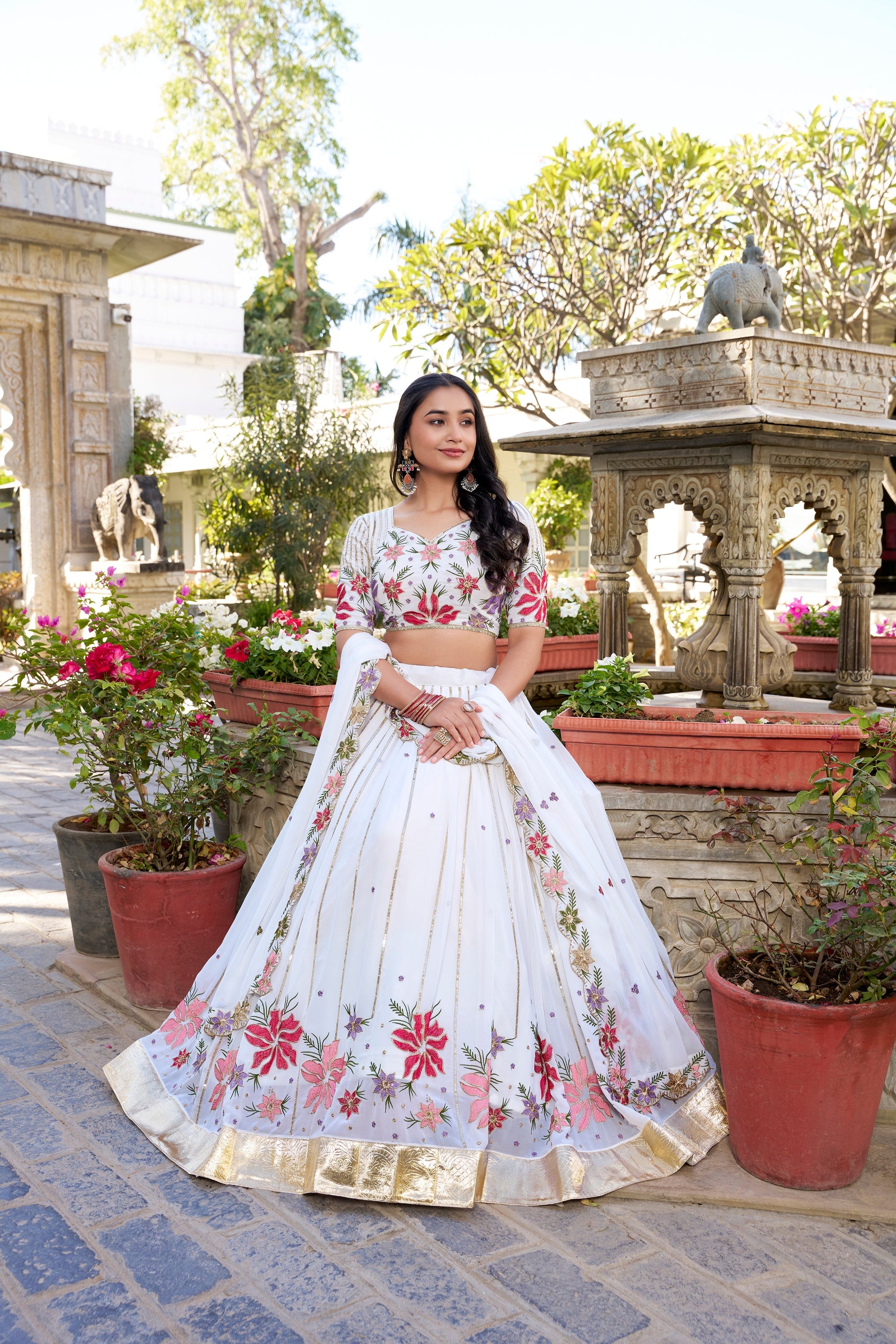 Lorenvalley Georgette Sequins and Thread Embroidery Work With Embossed Design Lace Lehenga Choli 