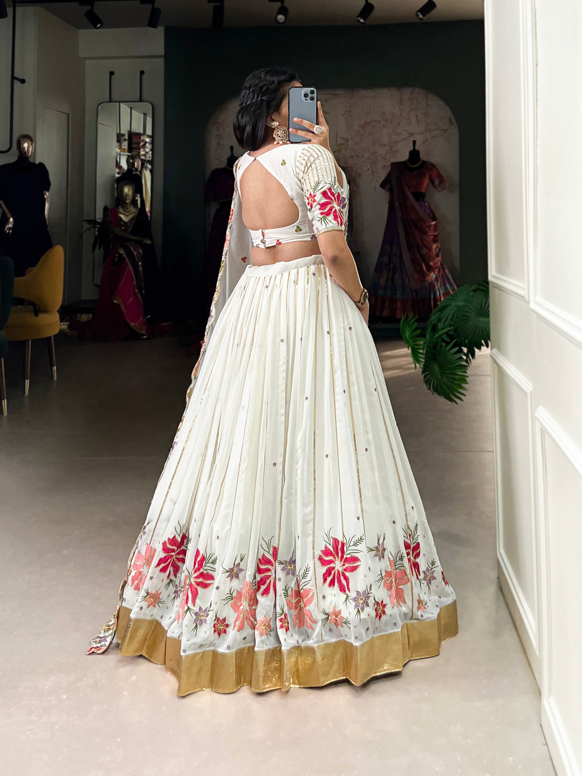 Lorenvalley White Georgette Sequins and Thread Embroidery Work with Embossed Design Lace Lehenga Choli 