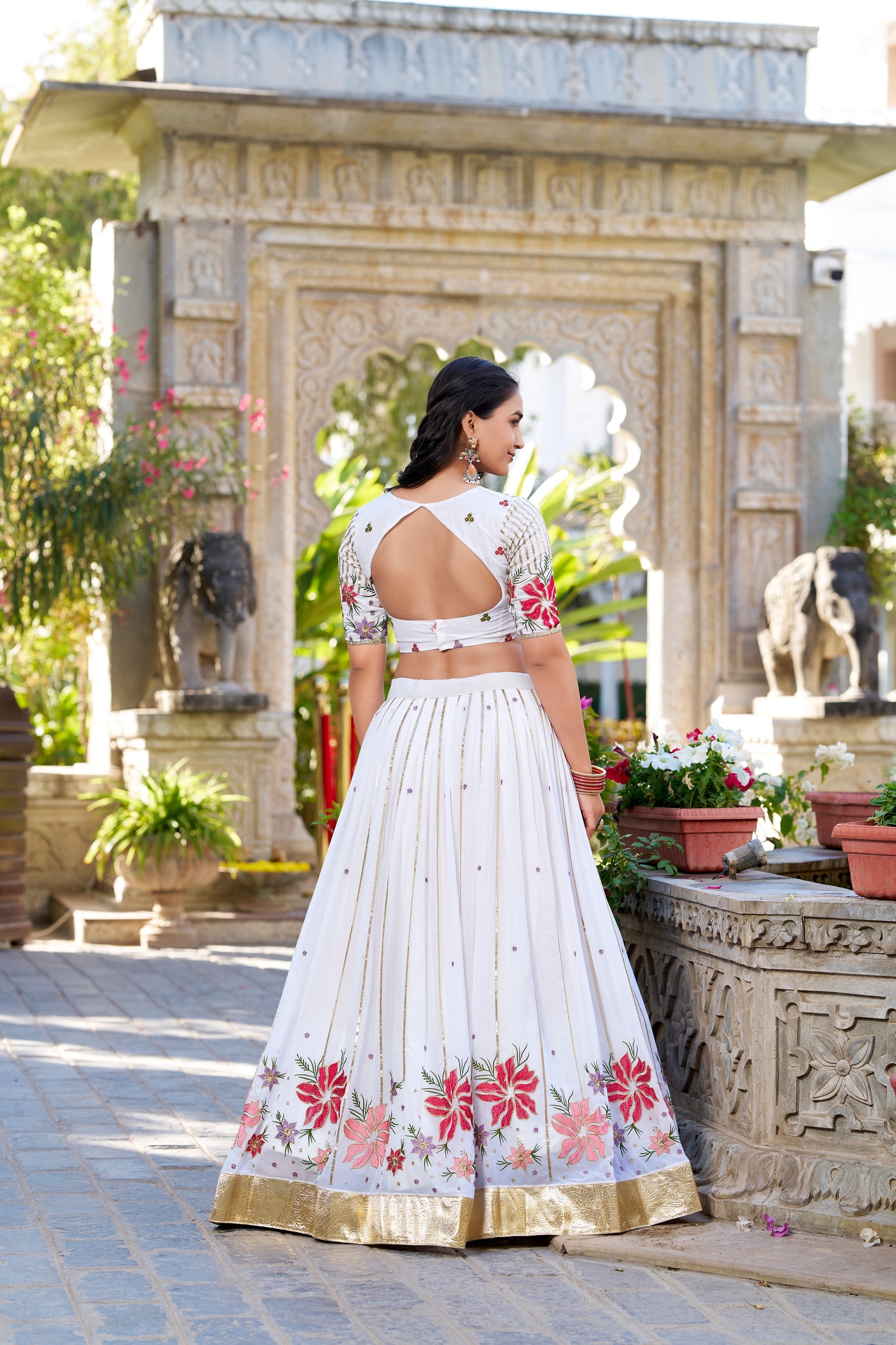 Lorenvalley Georgette Sequins and Thread Embroidery Work With Embossed Design Lace Lehenga Choli 