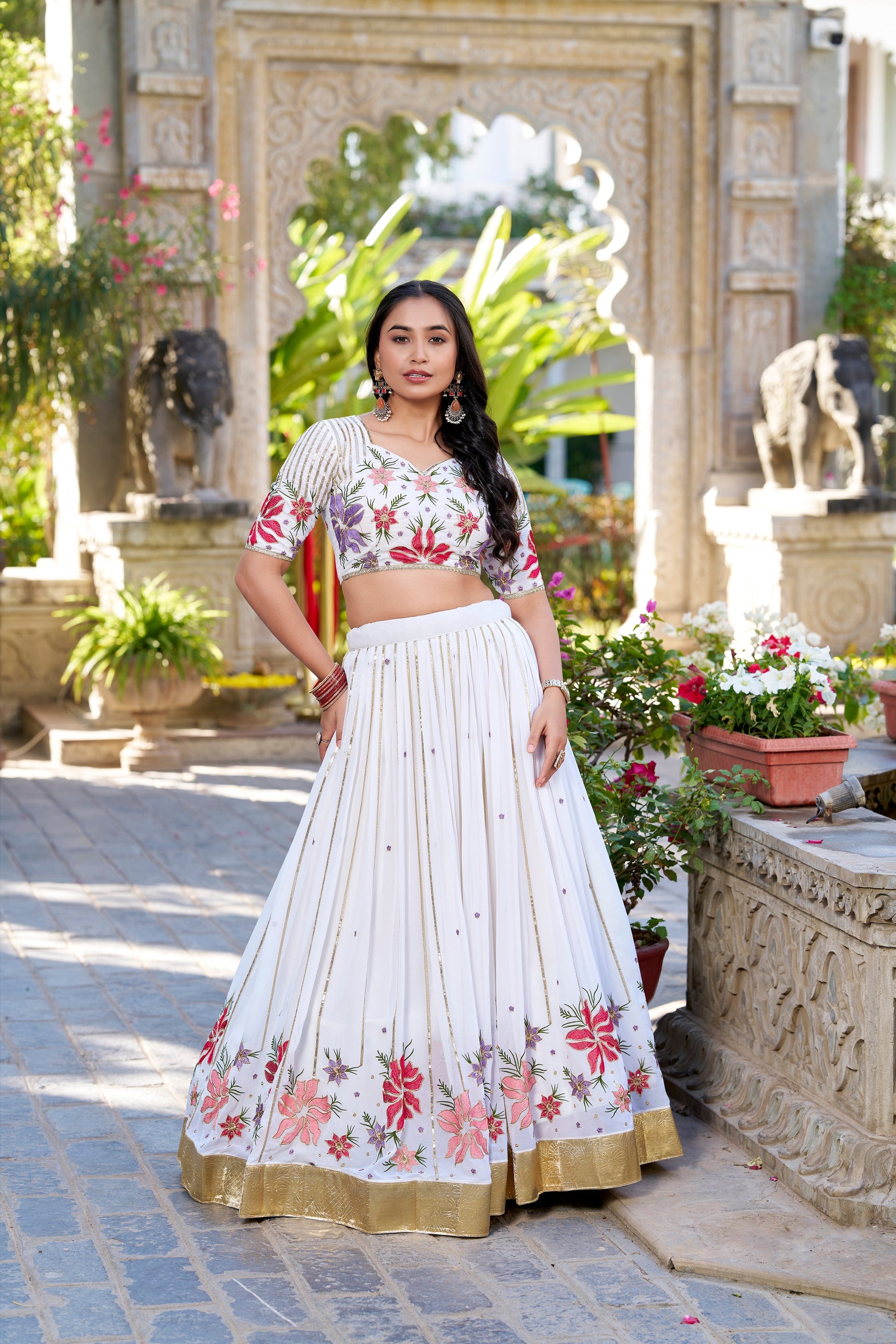 Lorenvalley Georgette Sequins and Thread Embroidery Work With Embossed Design Lace Lehenga Choli 