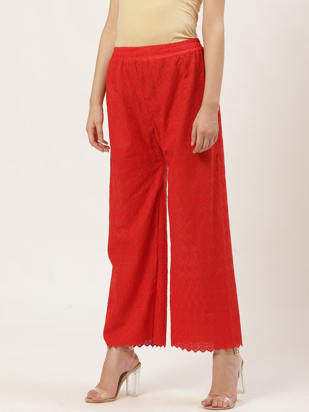 PAVONINE Red Color Full Chikankari Cotton Fabric Sharara For Women
