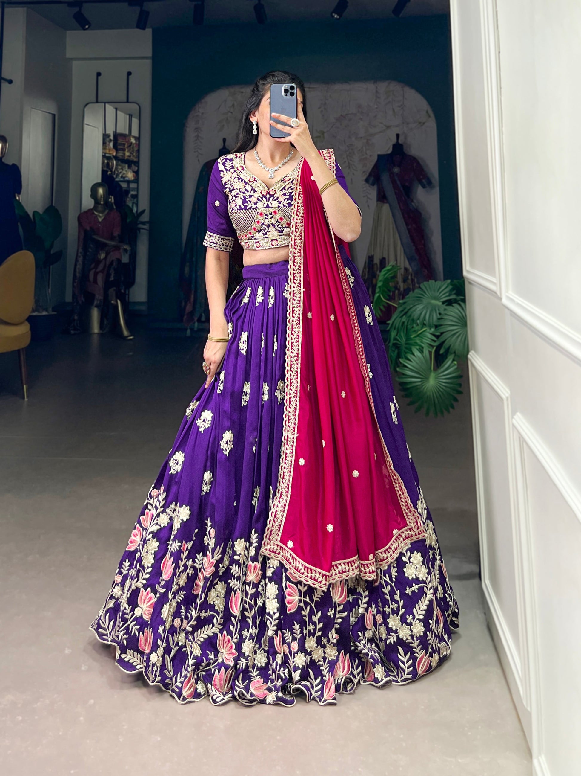 Lorenvalley Purple Vichitra Silk Sequins and Thread Embroidery Work Lehenga Choli 