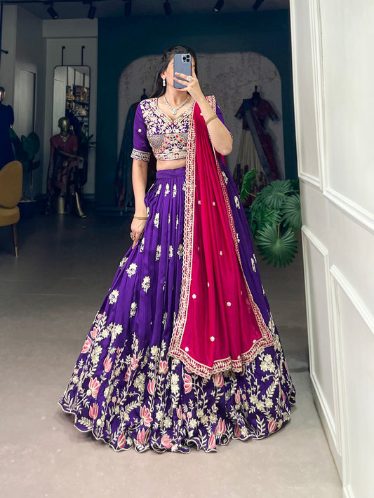 Lorenvalley Purple Vichitra Silk Sequins and Thread Embroidery Work Lehenga Choli 