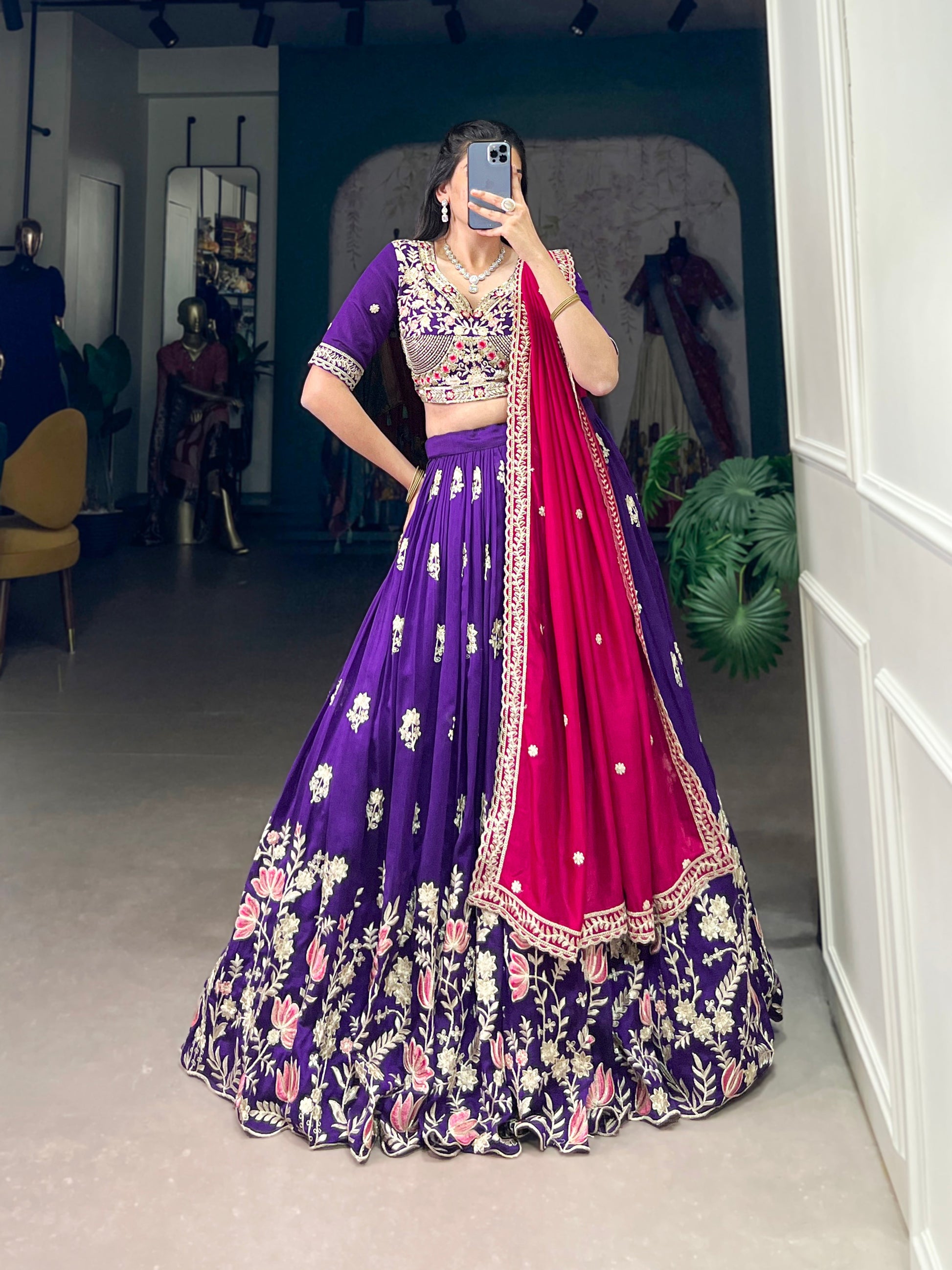Lorenvalley Purple Vichitra Silk Sequins and Thread Embroidery Work Lehenga Choli 