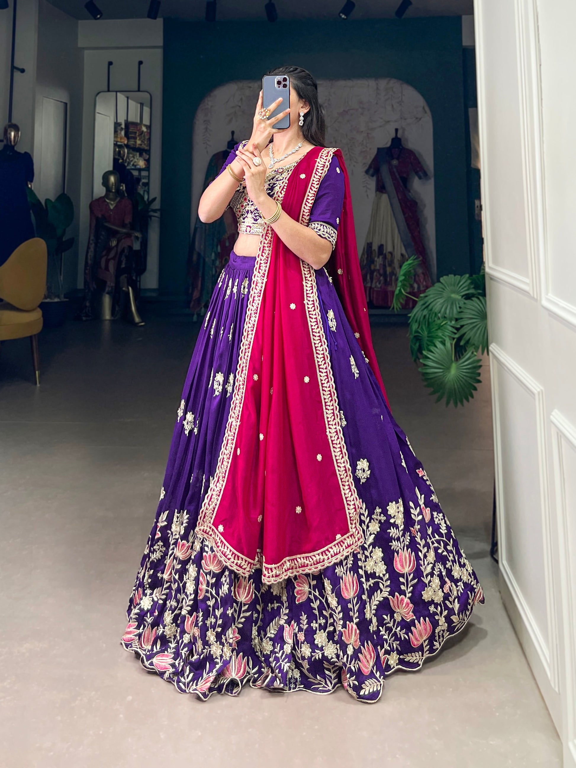 Lorenvalley Purple Vichitra Silk Sequins and Thread Embroidery Work Lehenga Choli 