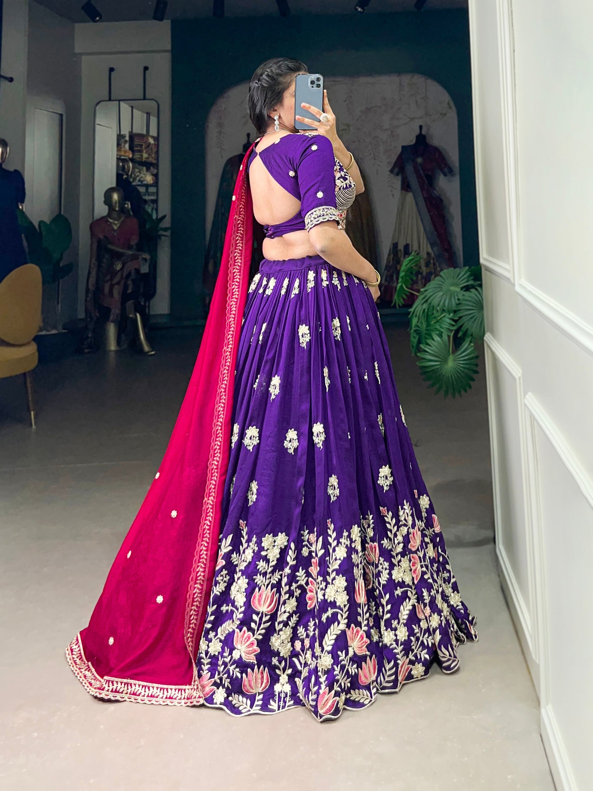 Lorenvalley Purple Vichitra Silk Sequins and Thread Embroidery Work Lehenga Choli 
