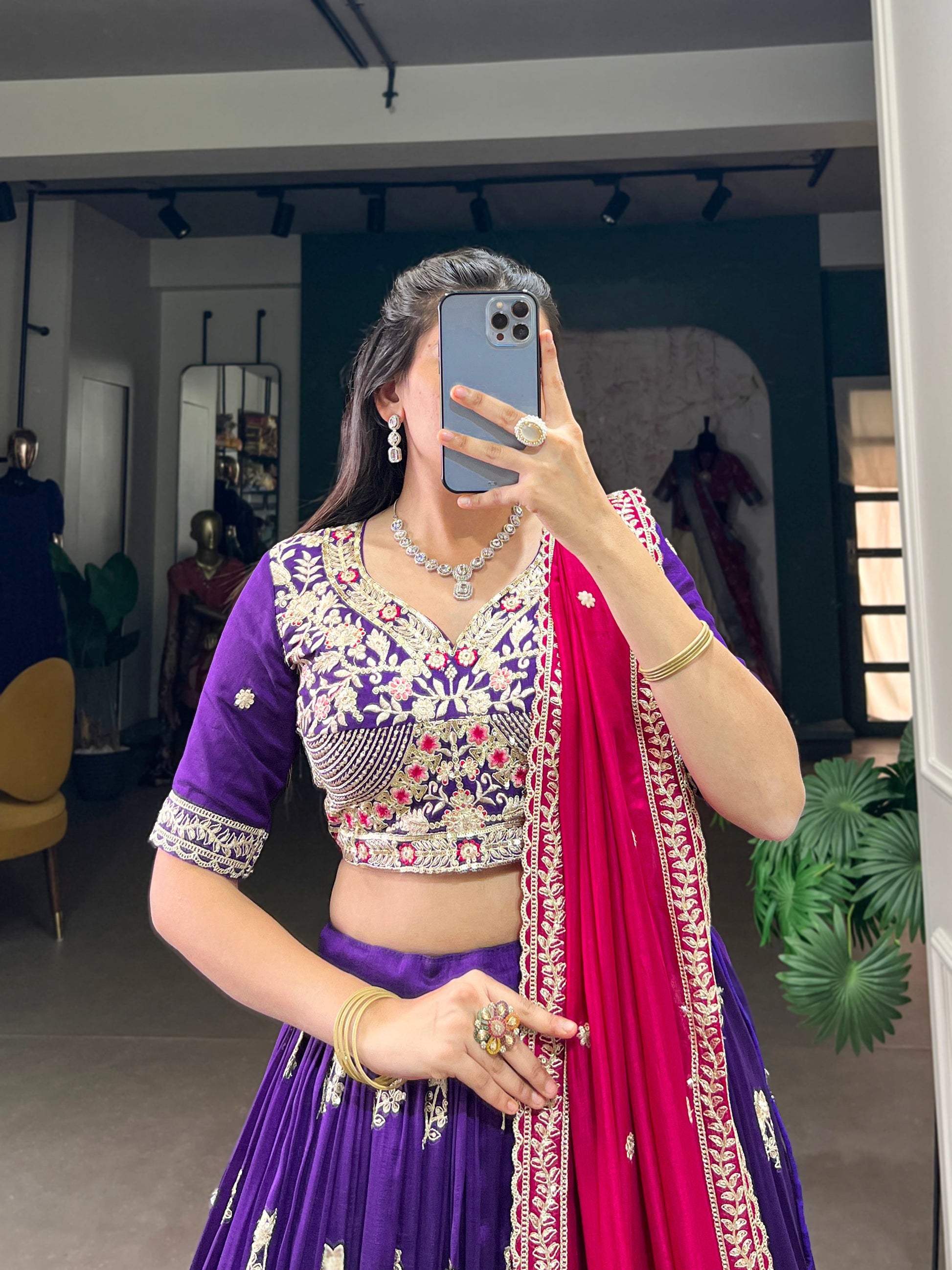 Lorenvalley Purple Vichitra Silk Sequins and Thread Embroidery Work Lehenga Choli 