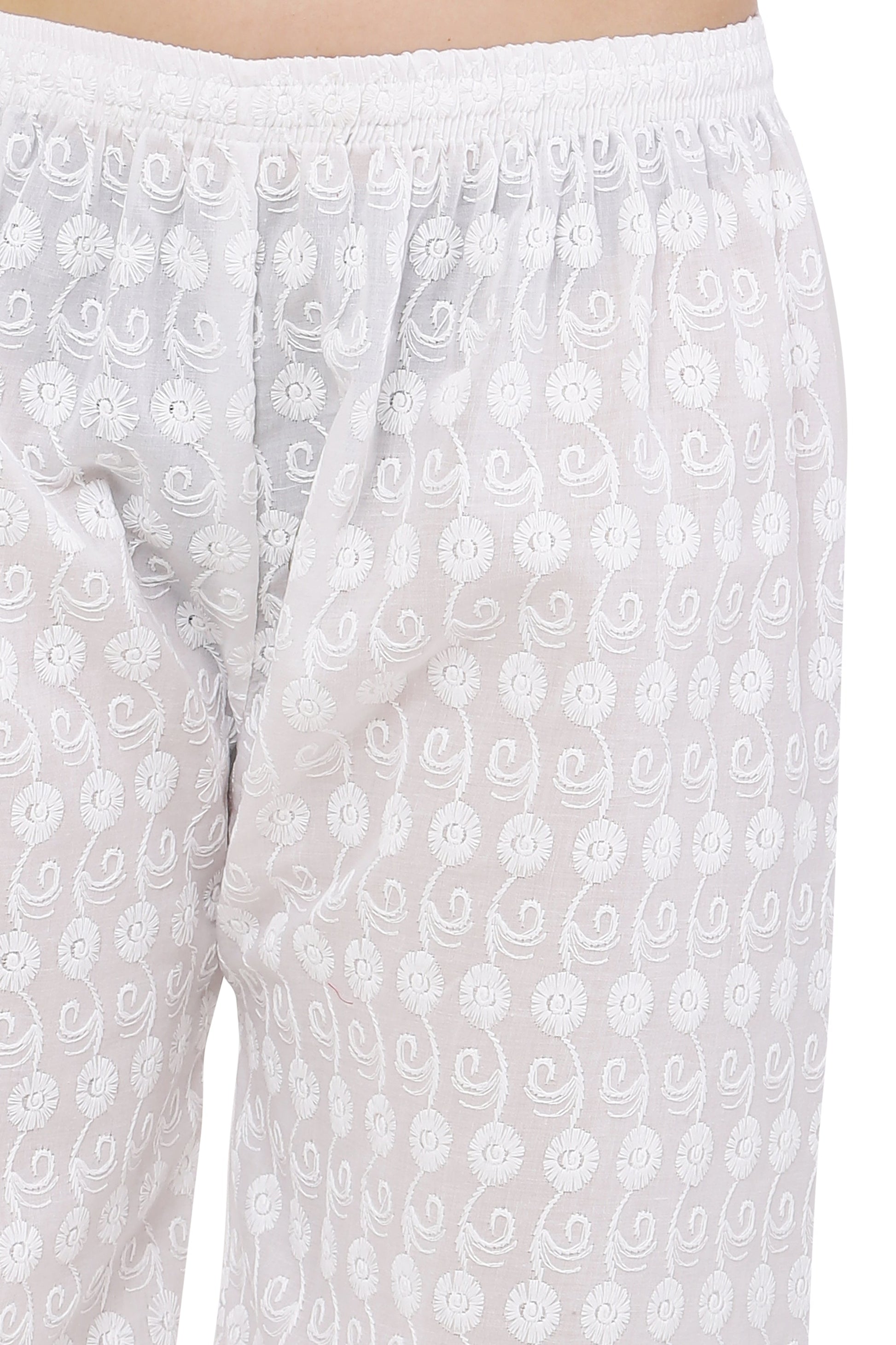 PAVONINE White Color Full Chikankari Cotton Fabric Palazzo For Women