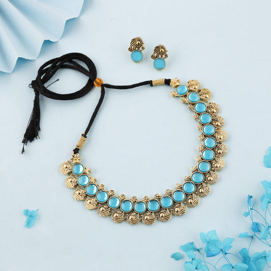 Tehzeeb Creations Sky Blue Colour Gold-Polished Stone Jewellery Choker Necklace Set With Matching Pair of Stud Earrings