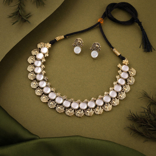 Tehzeeb Creations White Colour Gold-Polished Stone Jewellery Choker Necklace Set With Matching Pair of Stud Earrings
