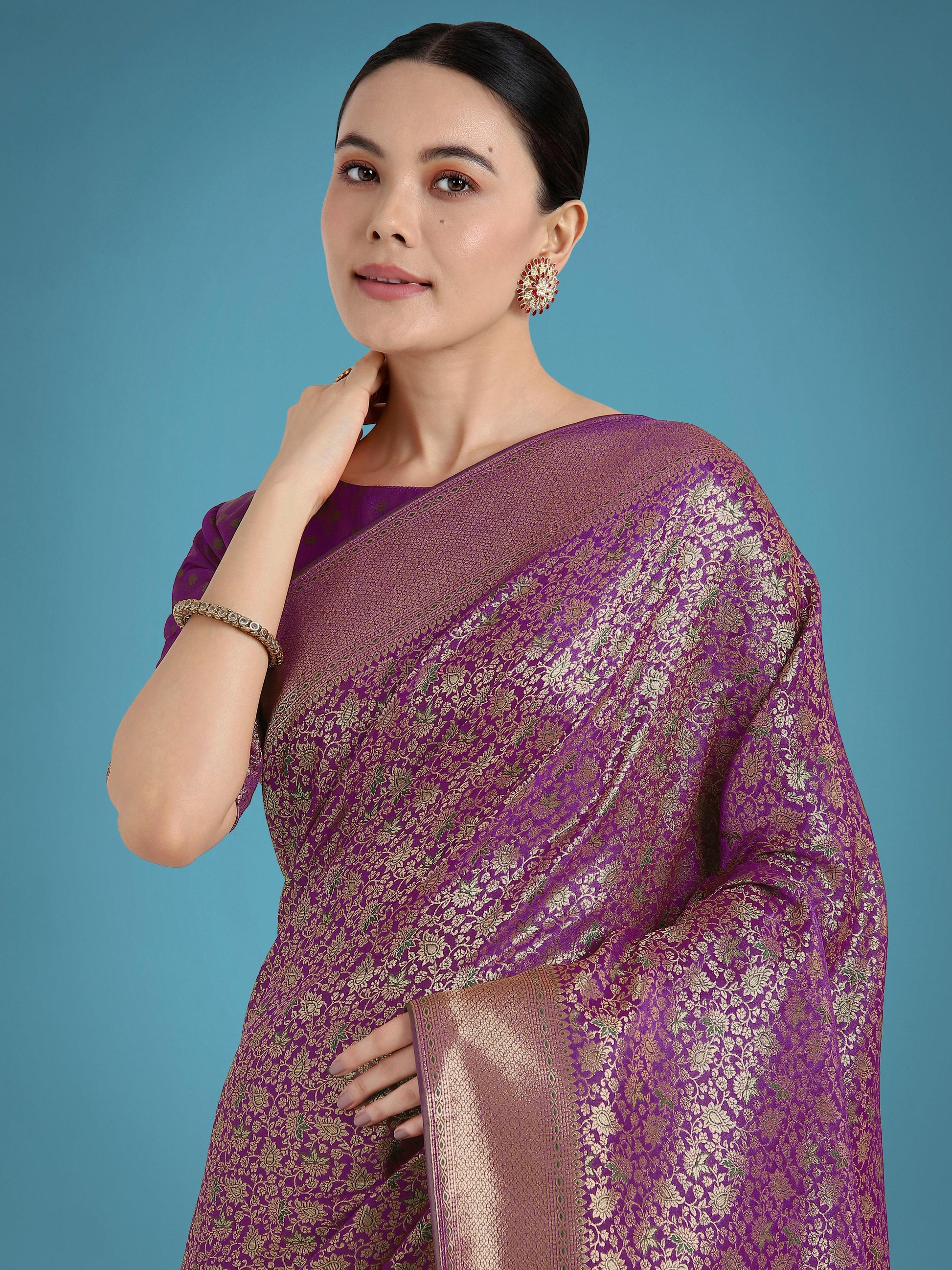 Monjolika Fashion Dark Purple Color Baanrasi Satin Silk Saree for Wedding Functions