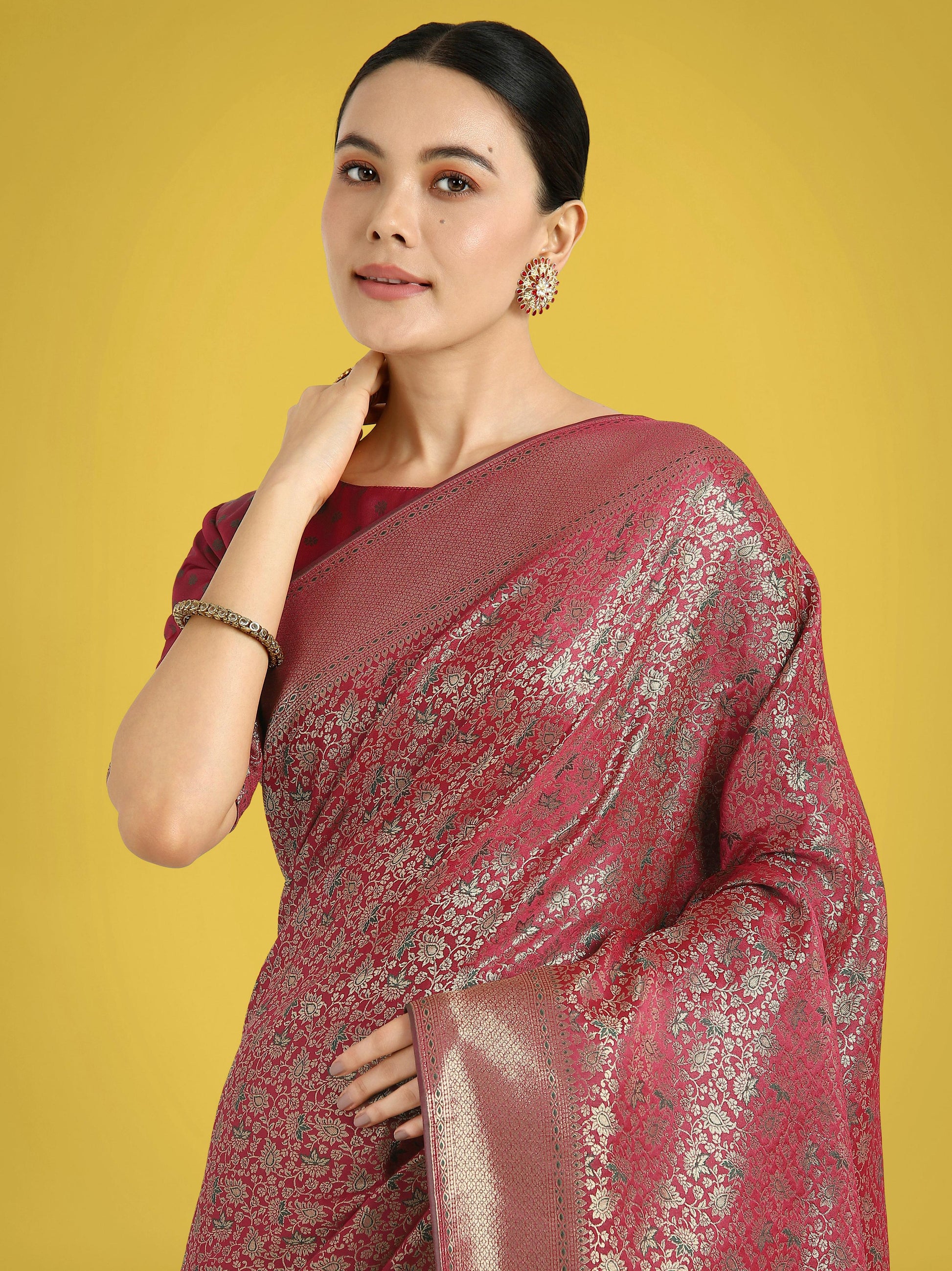 Monjolika Fashion Maroon Color Baanrasi Satin Silk Saree for Wedding Functions