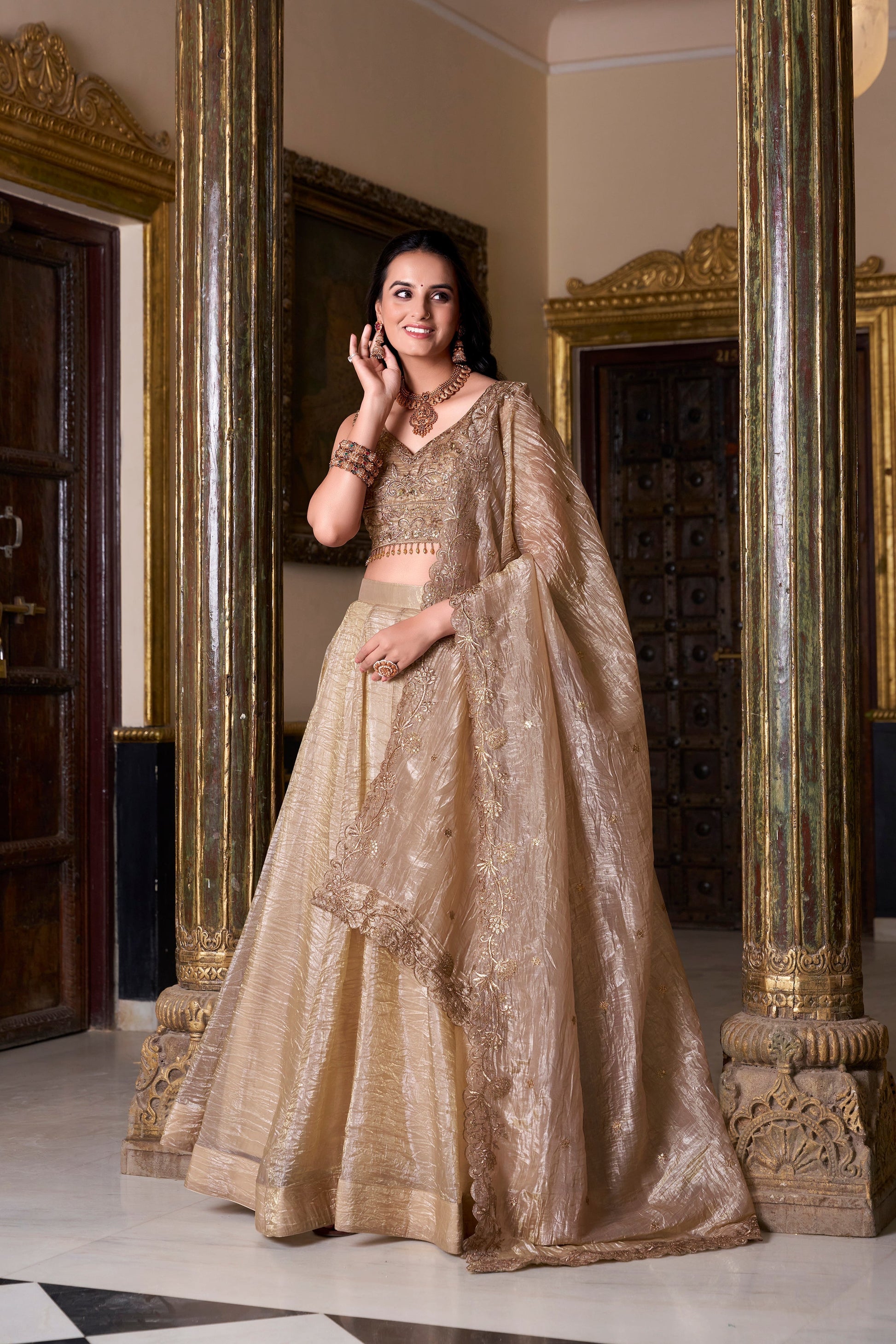 Lorenvalley Chiku Gold Crush Plain Lehenga Choli Embroidery Work with Dupatta 