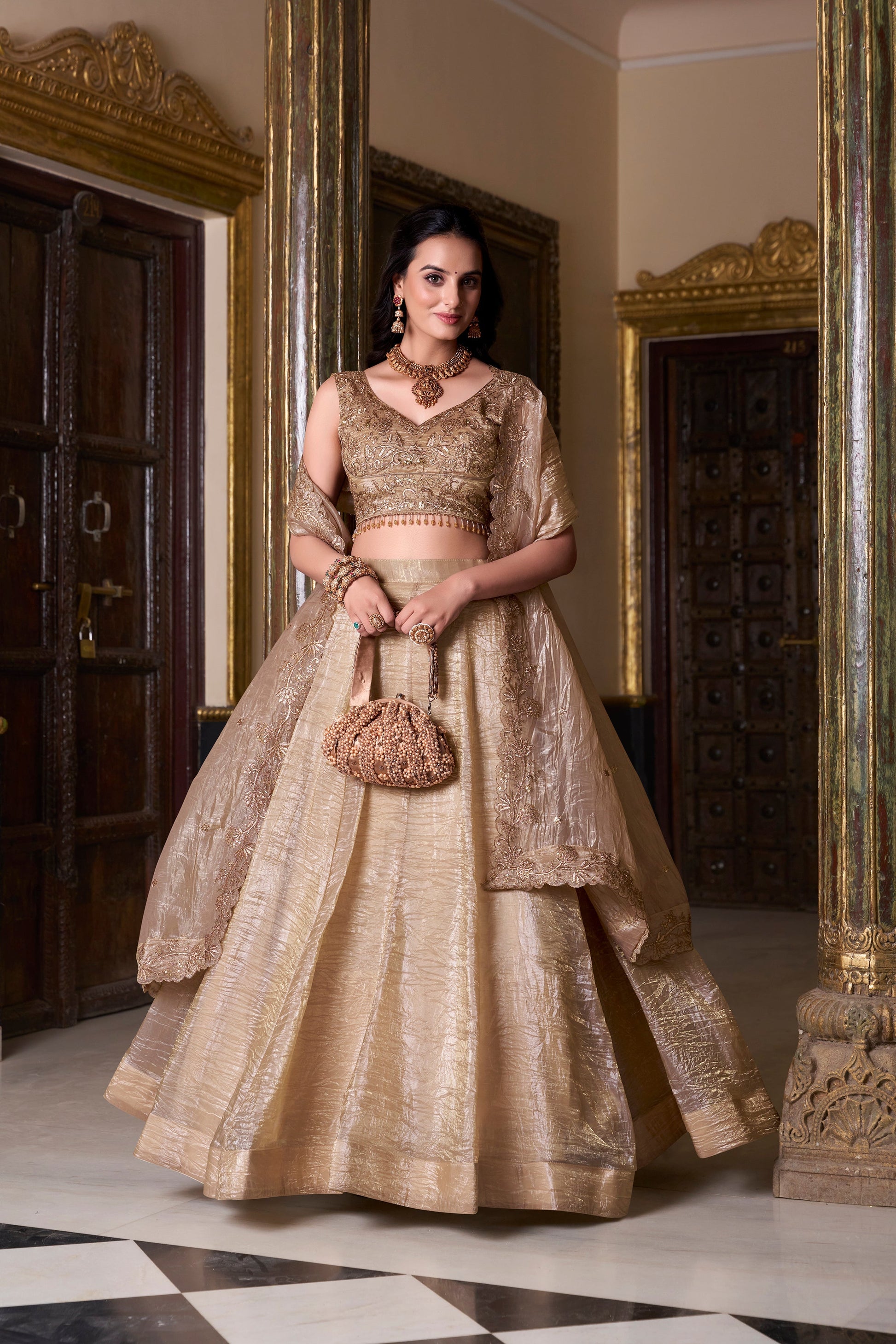 Lorenvalley Chiku Gold Crush Plain Lehenga Choli Embroidery Work with Dupatta 