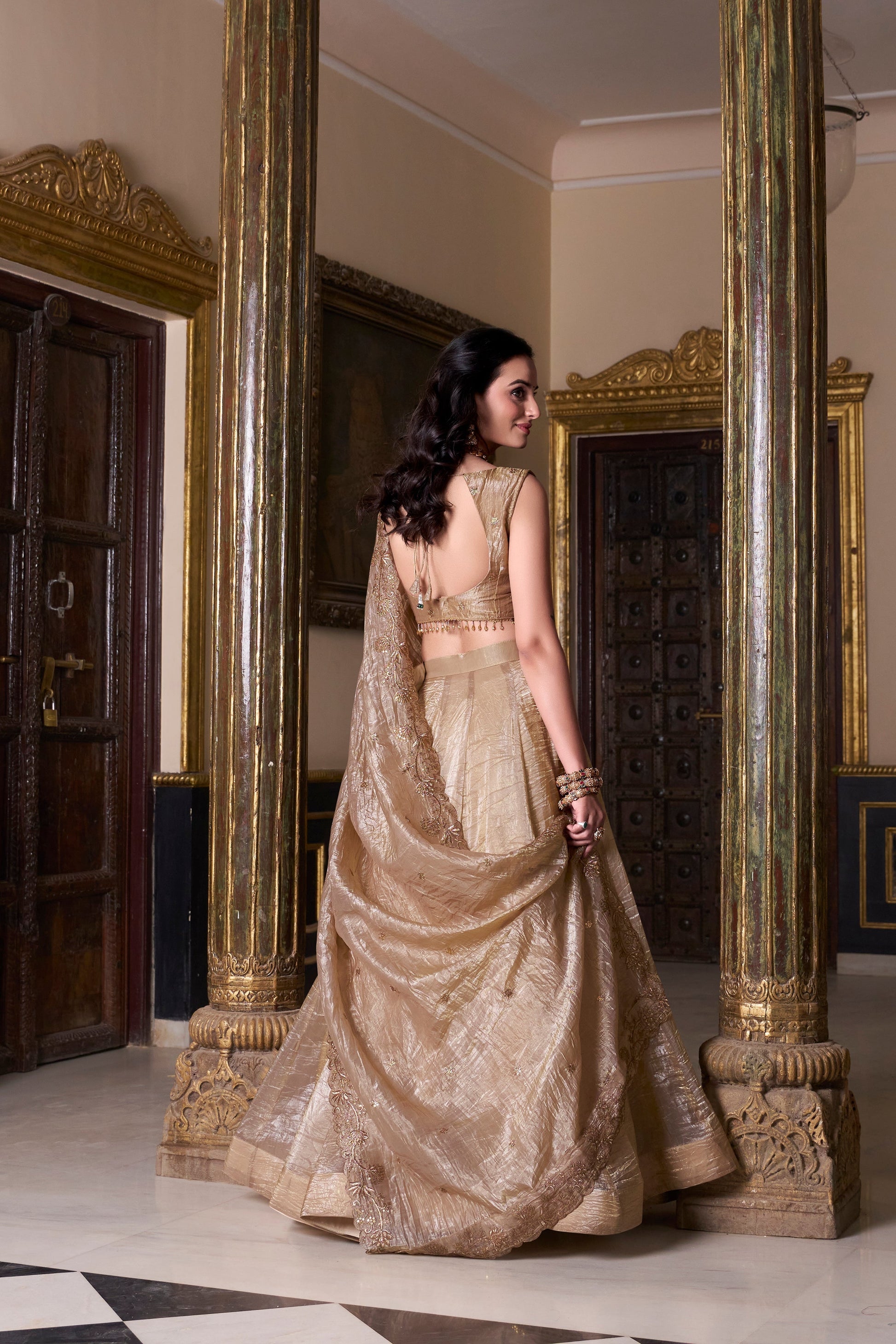 Lorenvalley Chiku Gold Crush Plain Lehenga Choli Embroidery Work with Dupatta 