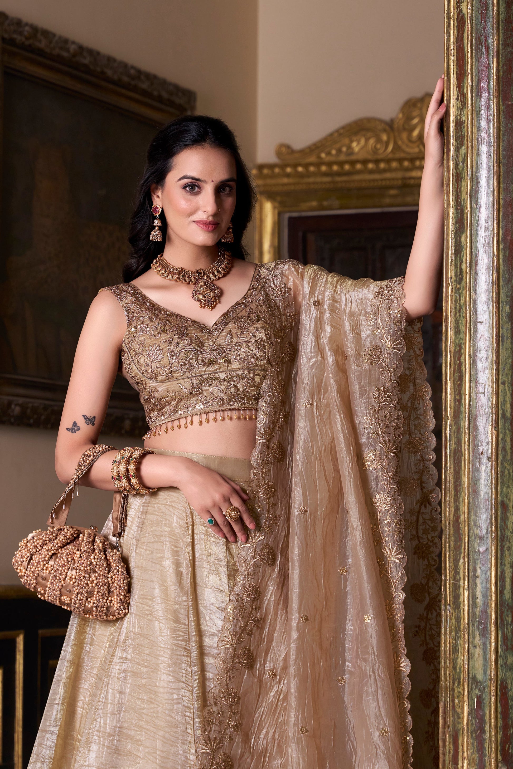 Lorenvalley Chiku Gold Crush Plain Lehenga Choli Embroidery Work with Dupatta 