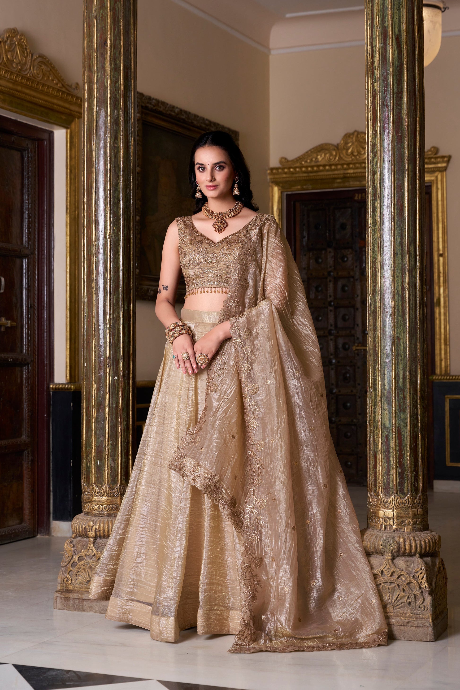Lorenvalley Chiku Gold Crush Plain Lehenga Choli Embroidery Work with Dupatta 