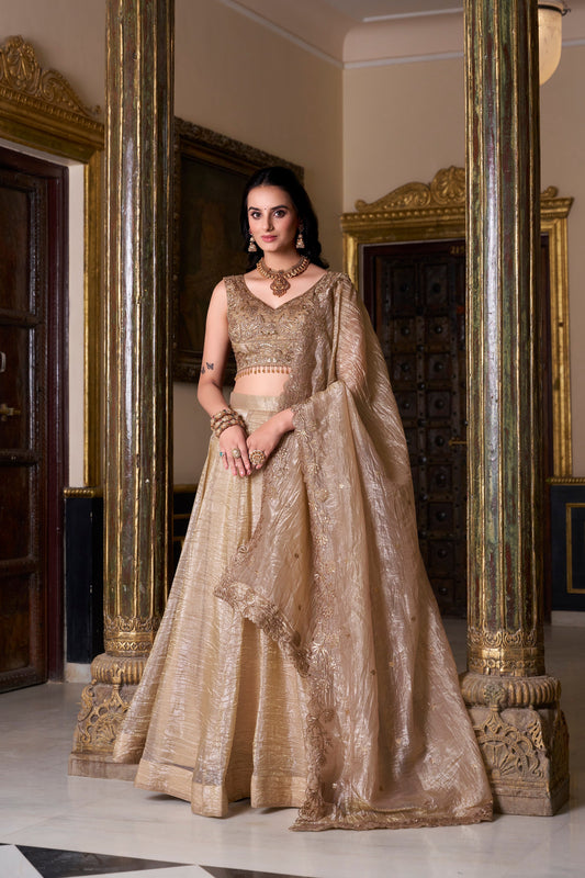 Lorenvalley Chiku Gold Crush Plain Lehenga Choli Embroidery Work with Dupatta 
