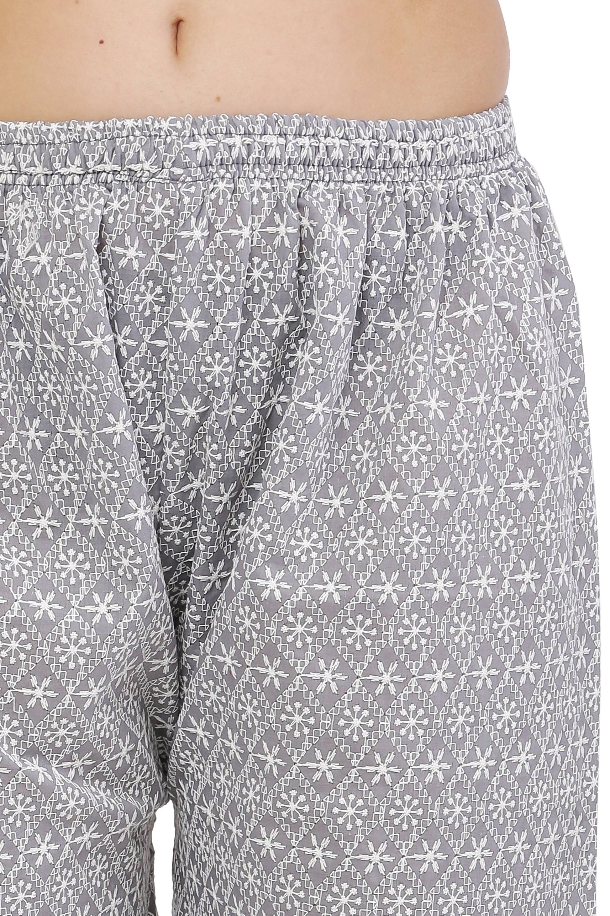 PAVONINE Grey Color Full Thread Chikankari Cotton Fabric Palazzo For Women