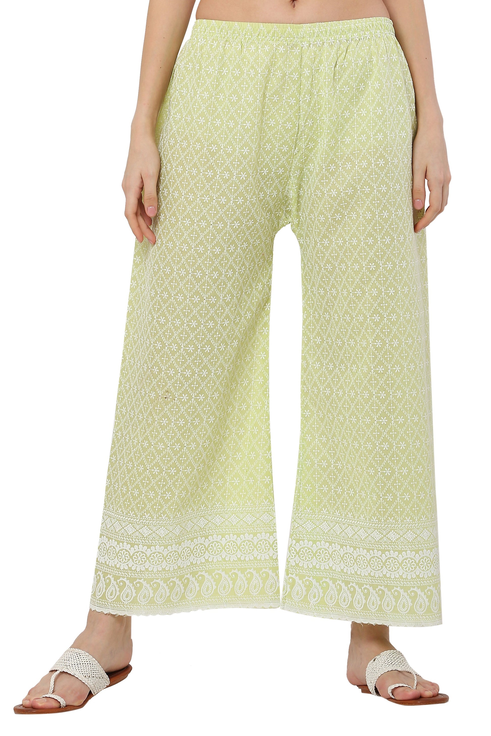 PAVONINE Lemon Color Full Thread Chikankari Cotton Fabric Palazzo For Women