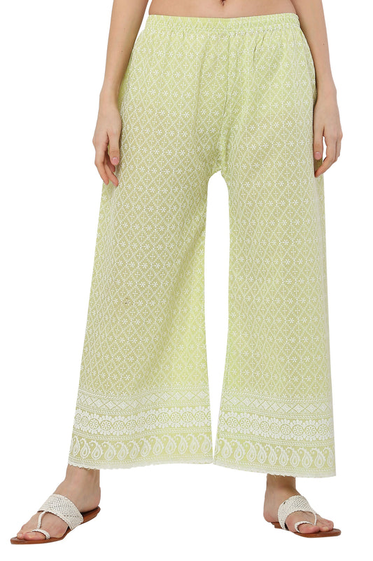 PAVONINE Lemon Color Full Thread Chikankari Cotton Fabric Palazzo For Women