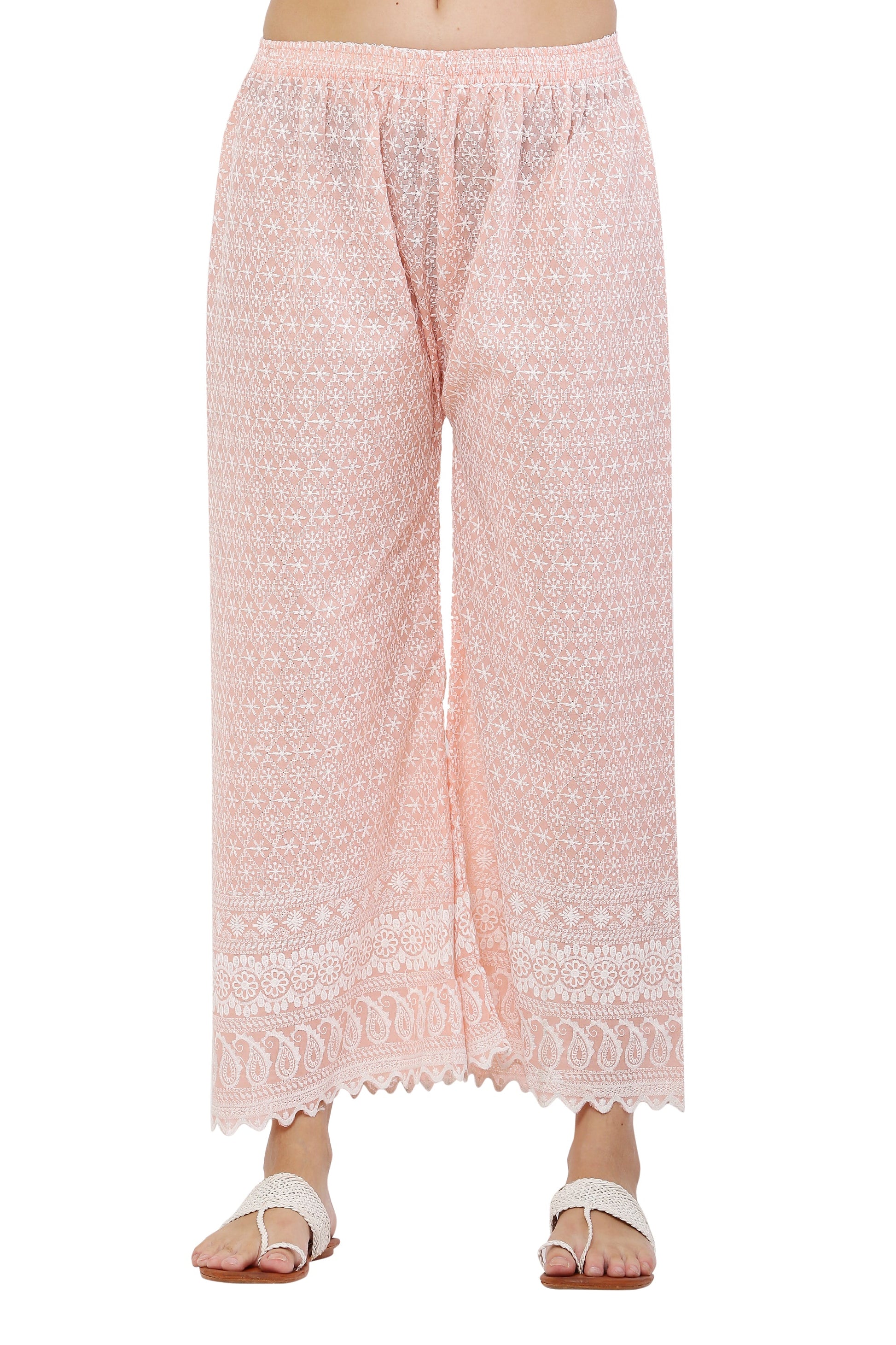 PAVONINE Peach Color Full Thread Chikankari Cotton Fabric Palazzo For Women
