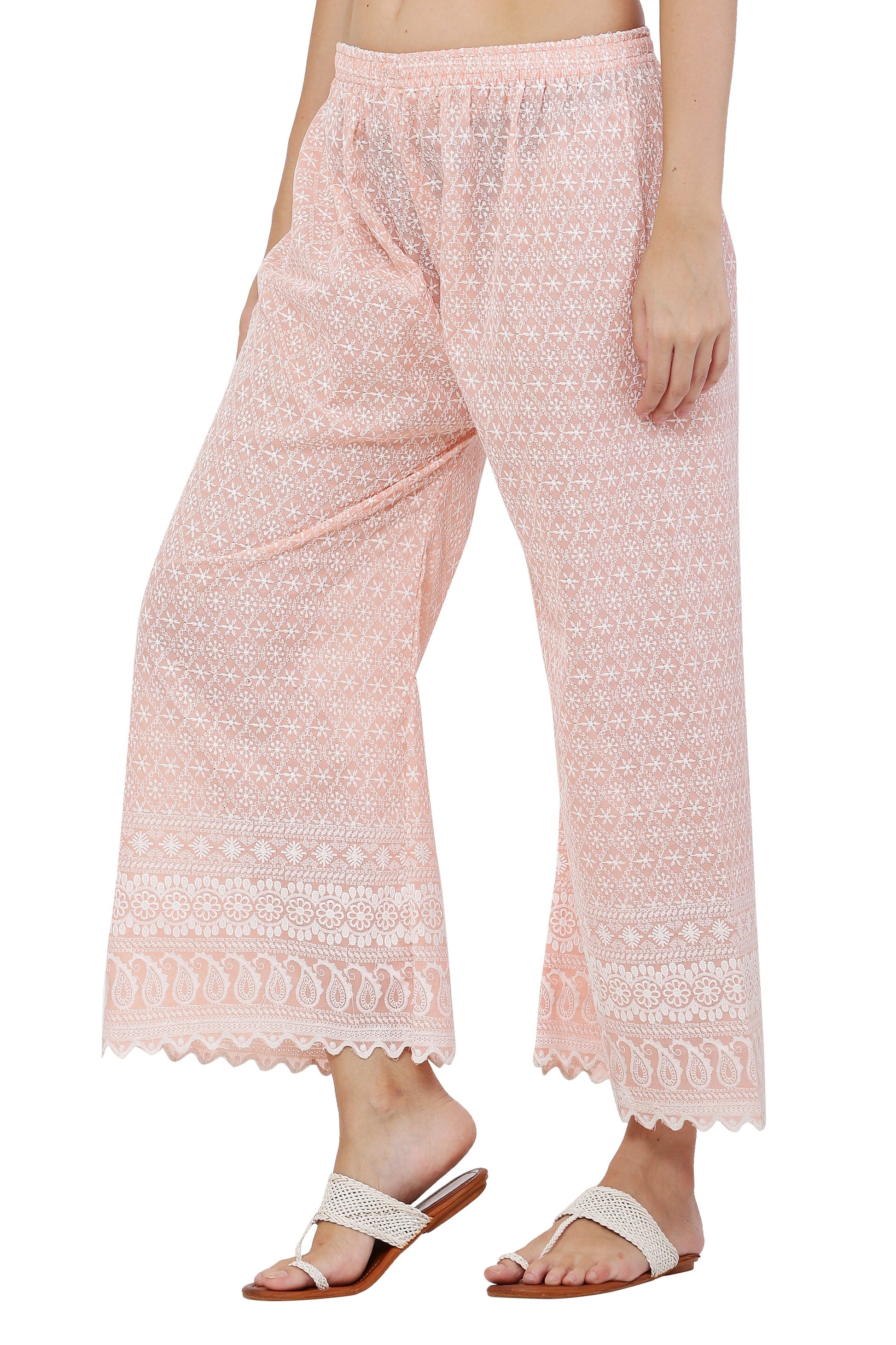 PAVONINE Peach Color Full Thread Chikankari Cotton Fabric Palazzo For Women