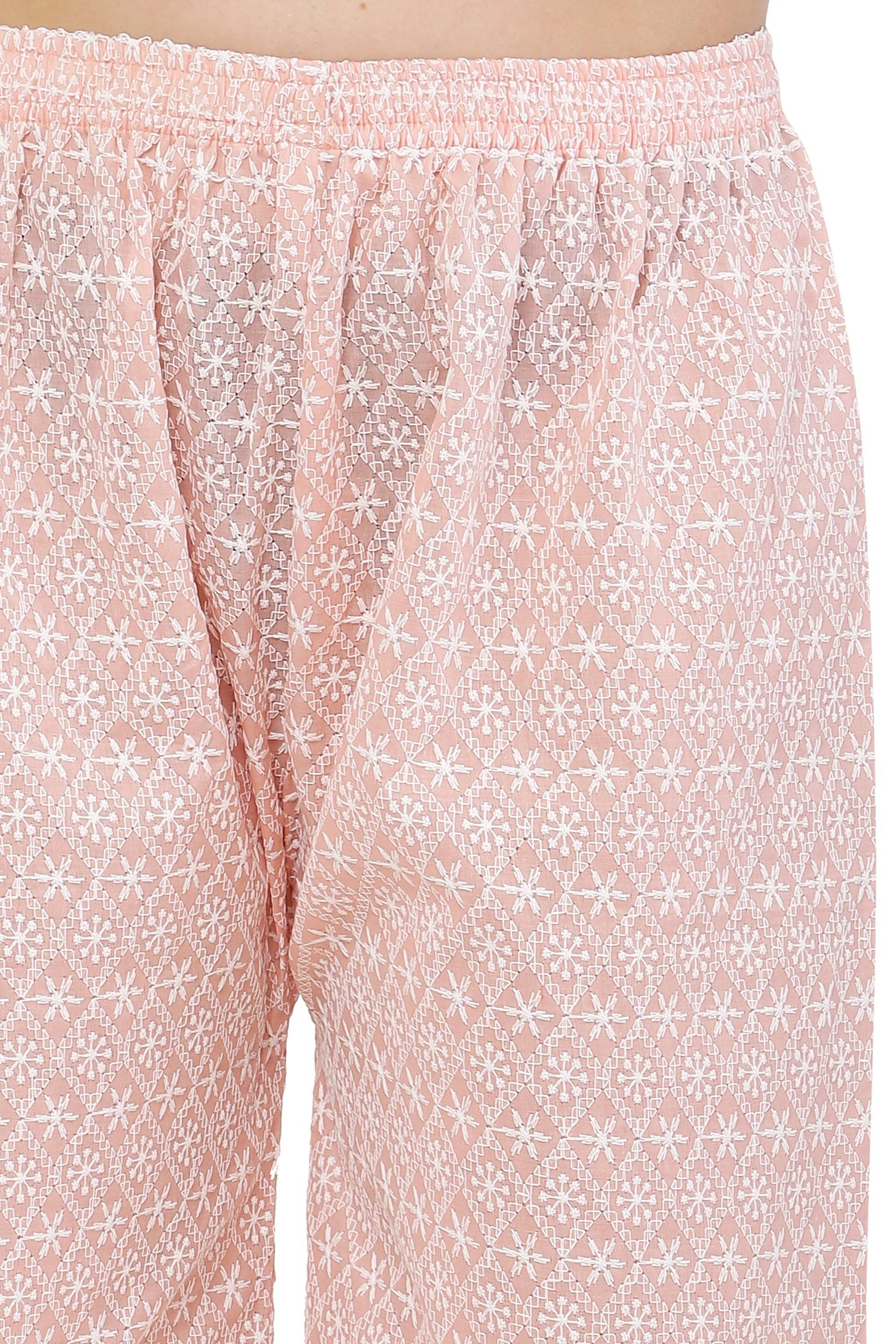 PAVONINE Peach Color Full Thread Chikankari Cotton Fabric Palazzo For Women