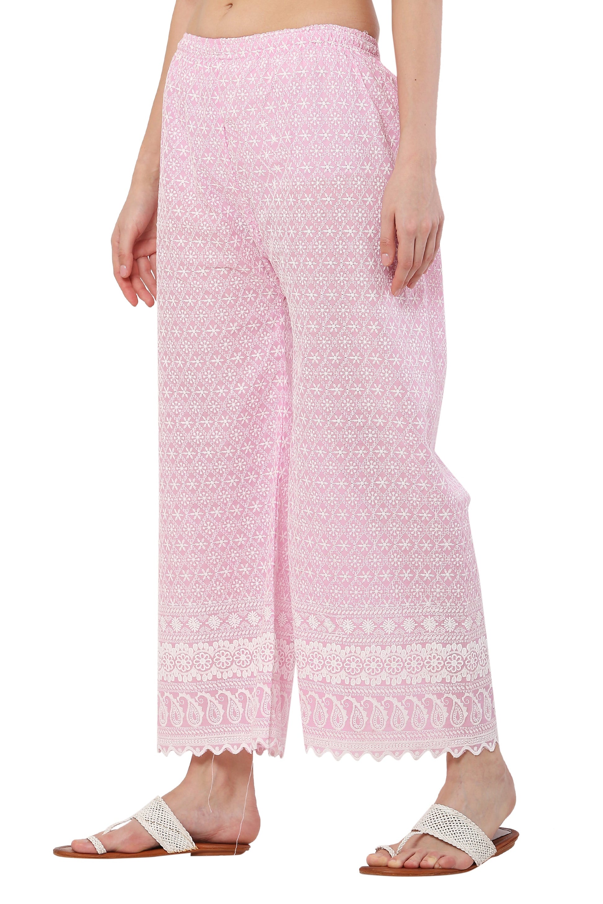 PAVONINE Pink Color Full Thread Chikankari Cotton Fabric Palazzo For Women